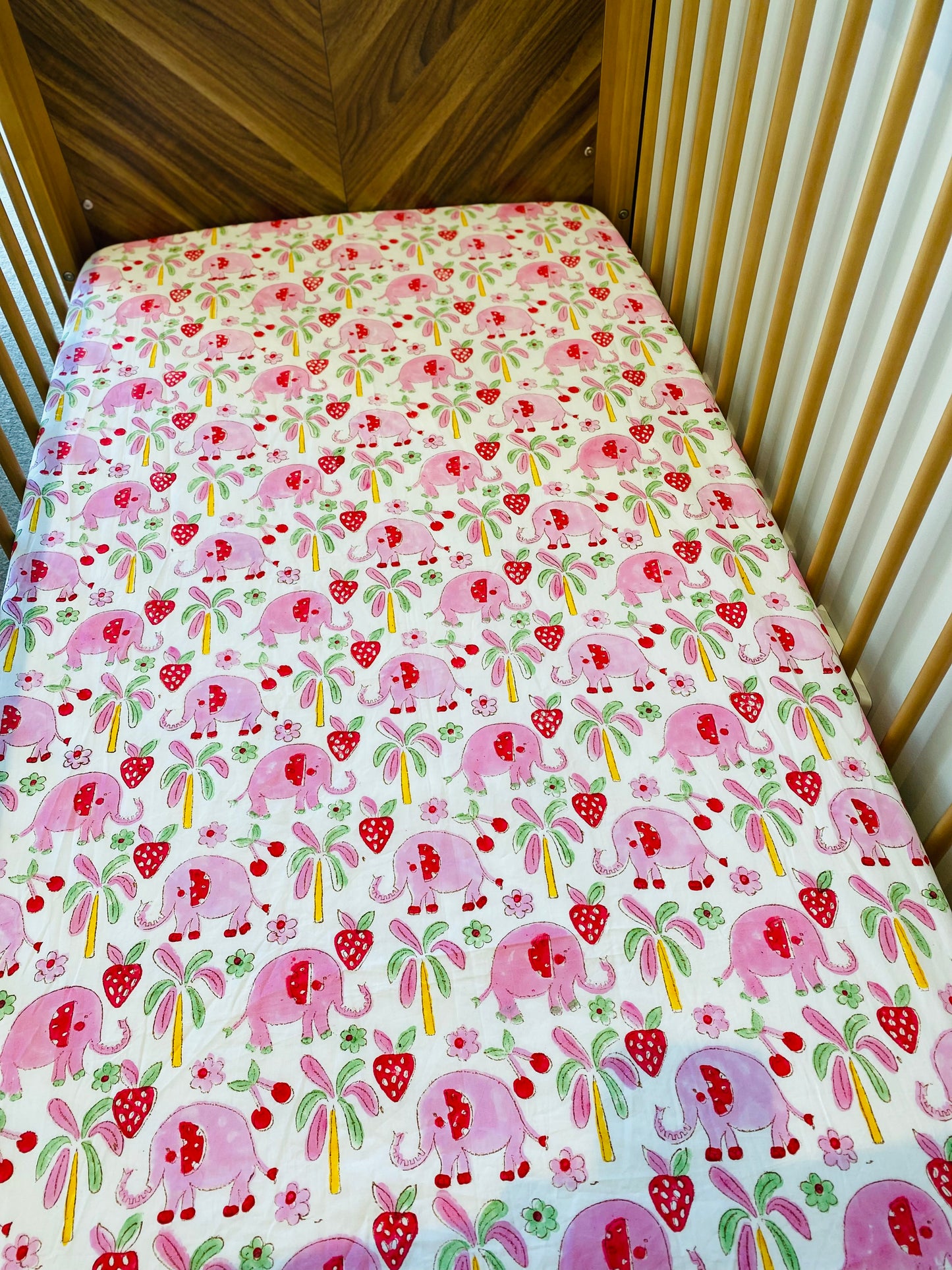 Pink Elephant Cotton Block Printed Fitted Cot sheet
