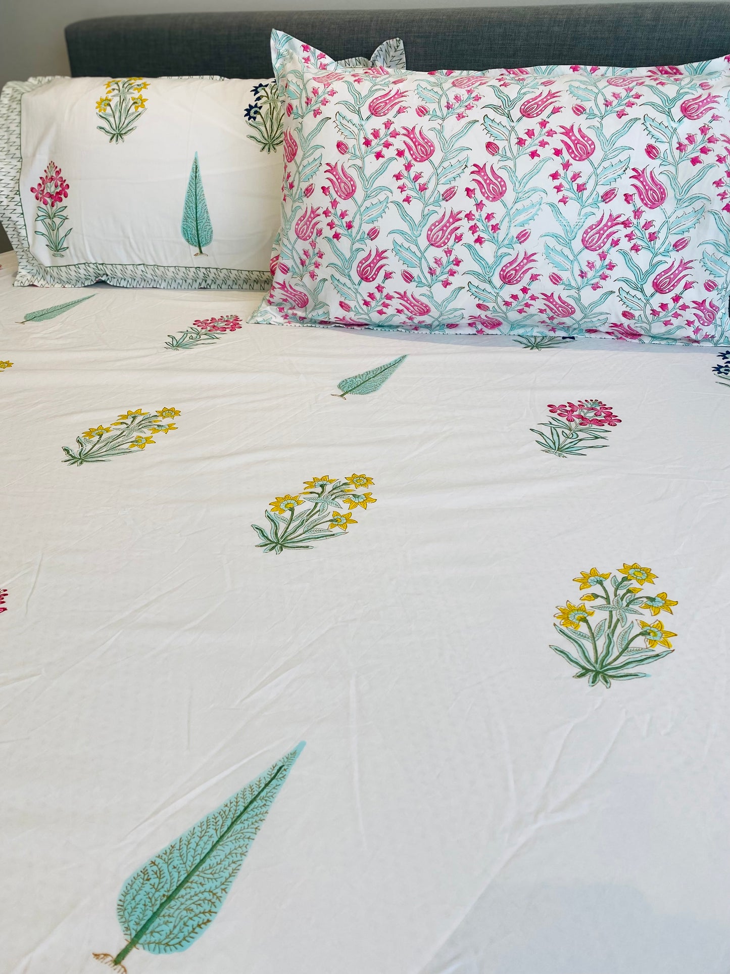 Floral Buti and Cypress Cotton Block Printed Fitted Bedsheet