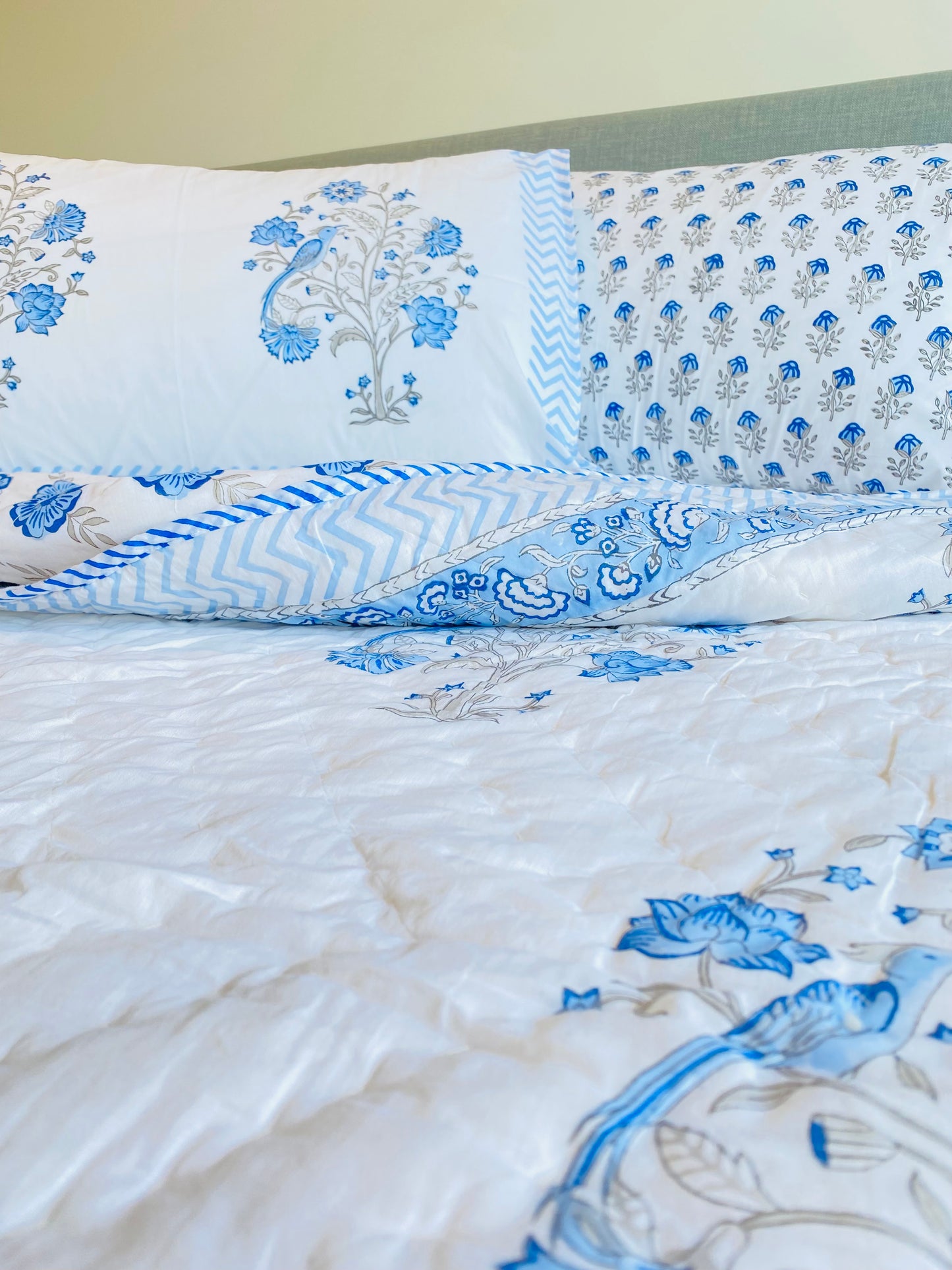 Blue Peafowl in a Tree Cotton Block Printed Fitted Bedsheet