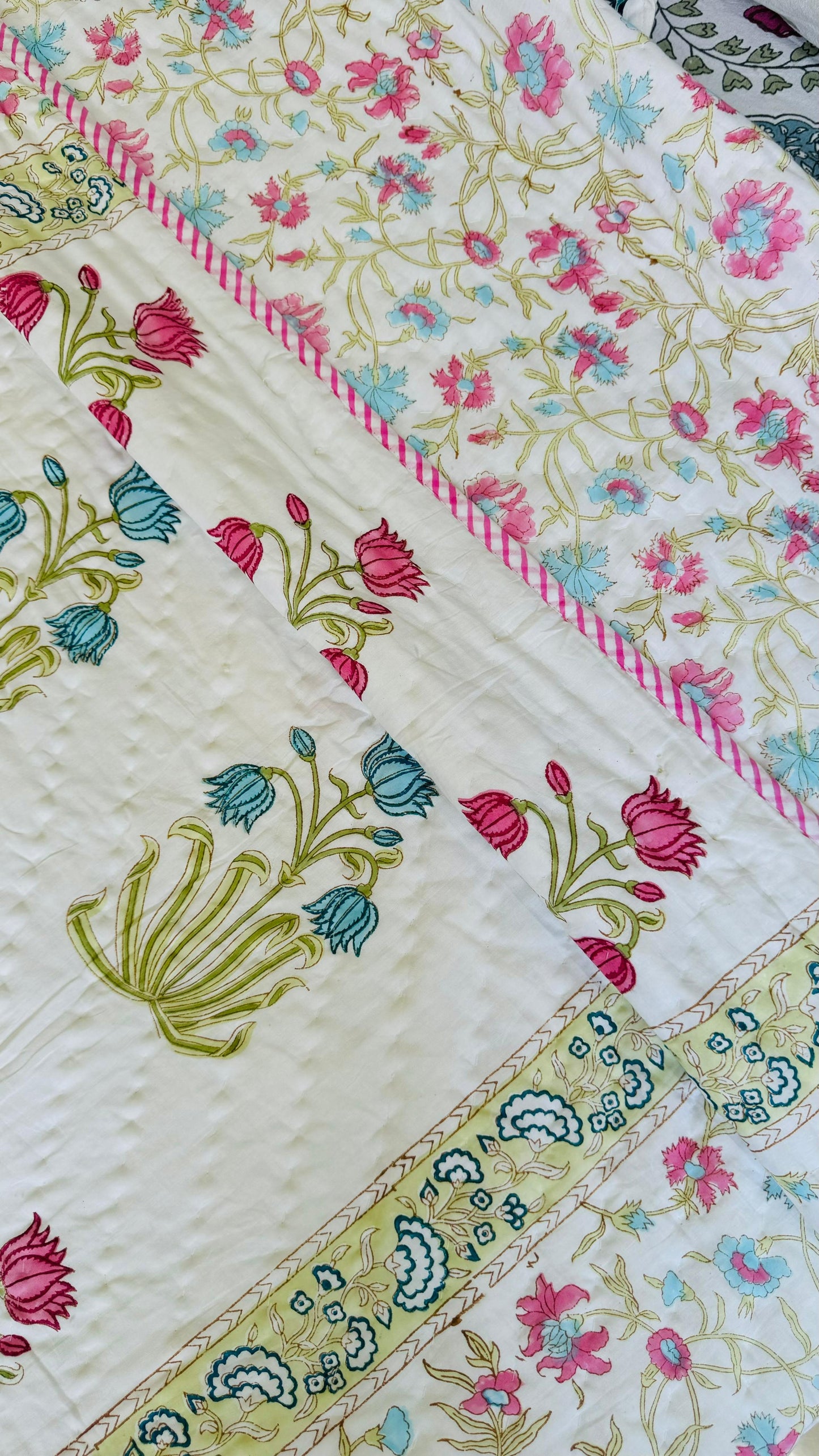 Grandma’s Garden Mul Mul Cotton Block Printed King Size Reversible Quilt