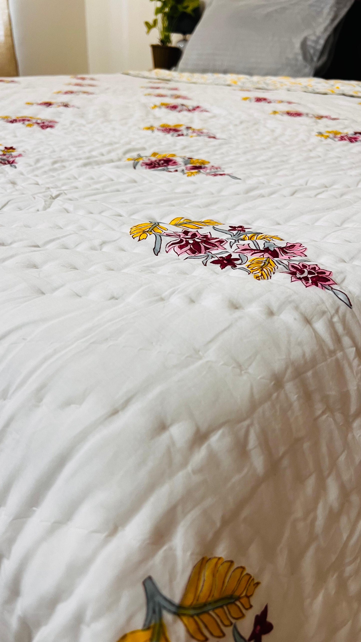 Yellow Poppy Bouquet Mul Mul Cotton Block Printed King Size Reversible Quilt