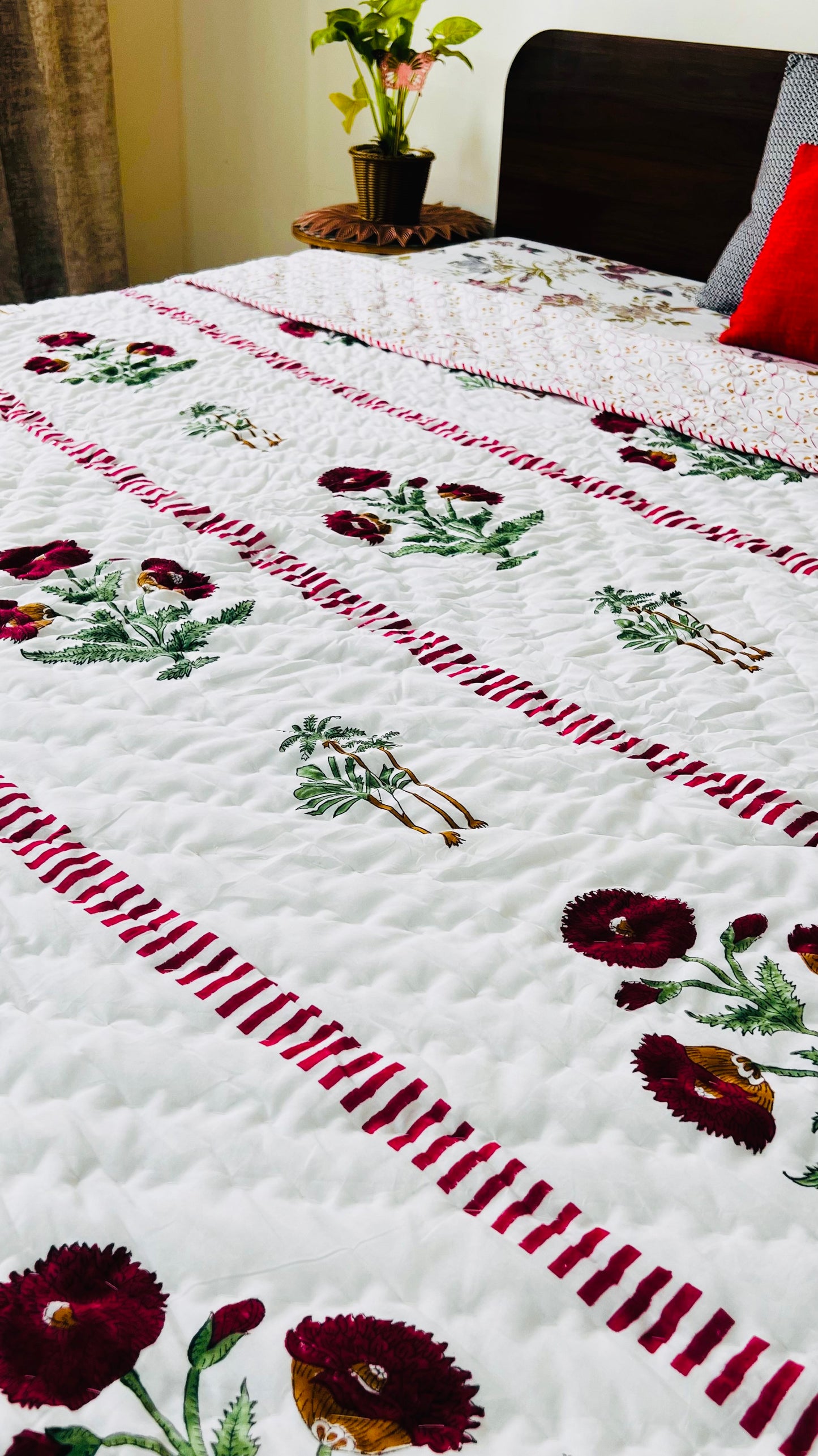 Red Poppy and Palm Tree Mul Mul Cotton Block Printed King Size Reversible Quilt