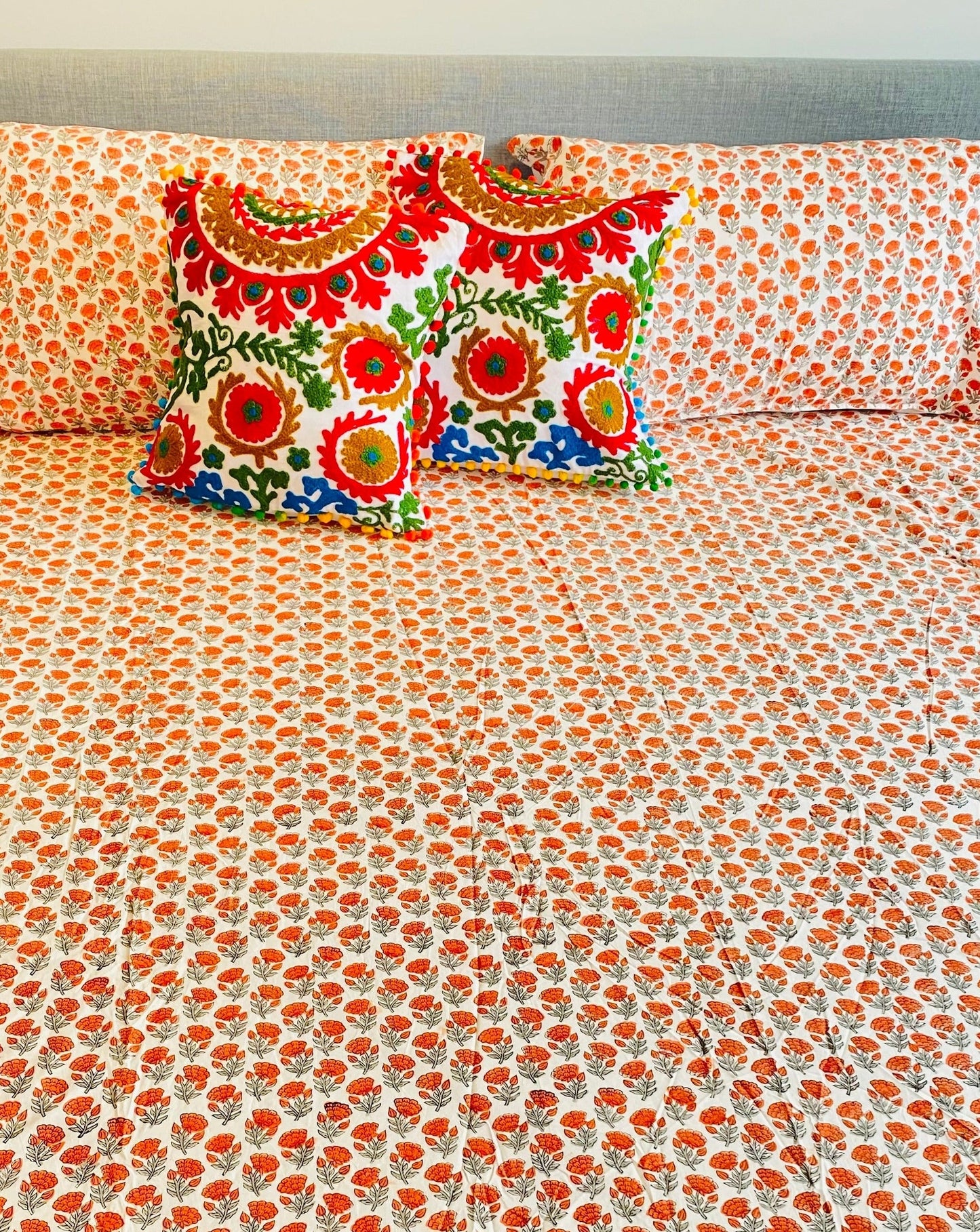 Orange Poppy Garden Cotton Block Printed Fitted Bedsheet