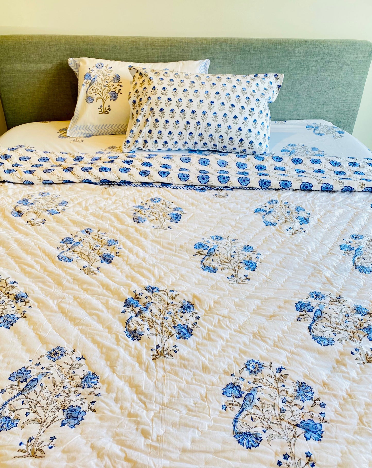 Blue Peafowl Mul Mul Cotton Block Printed King Size Reversible Quilt