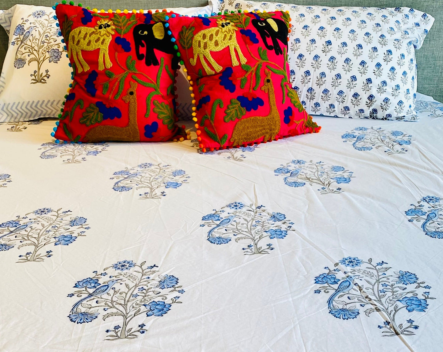 Blue Peafowl in a Tree Cotton Block Printed Fitted Bedsheet