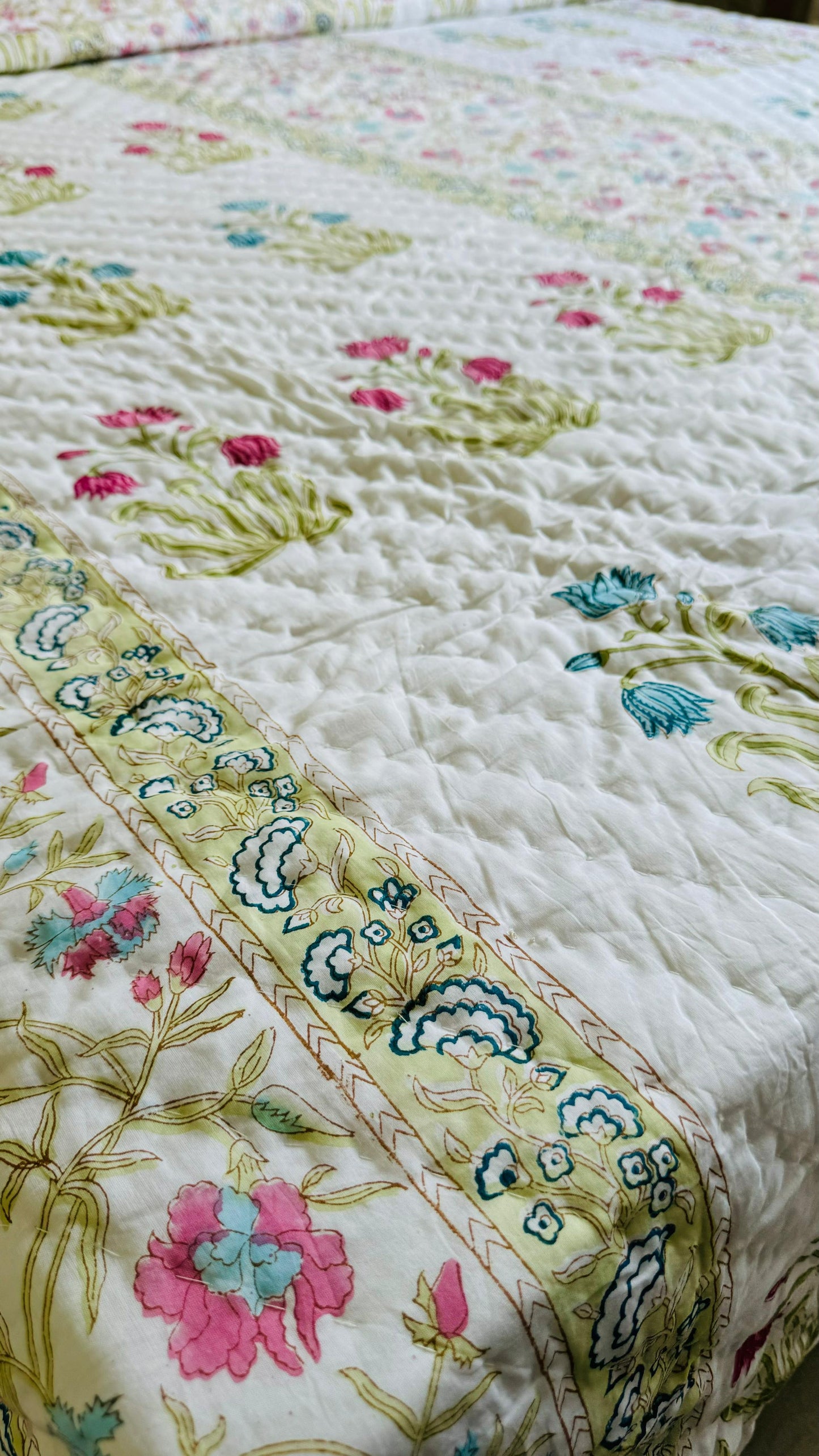 Grandma’s Garden Mul Mul Cotton Block Printed King Size Reversible Quilt