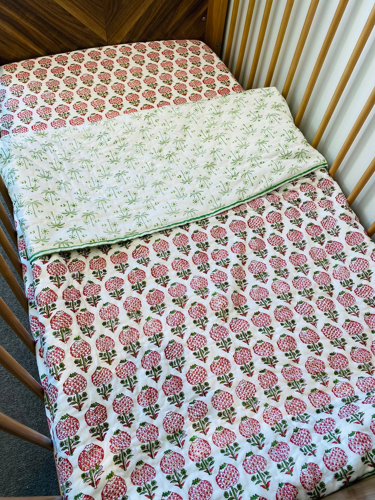 Garden of Pomegranate Mul Mul Cotton Block Printed Reversible Baby Cot Quilt