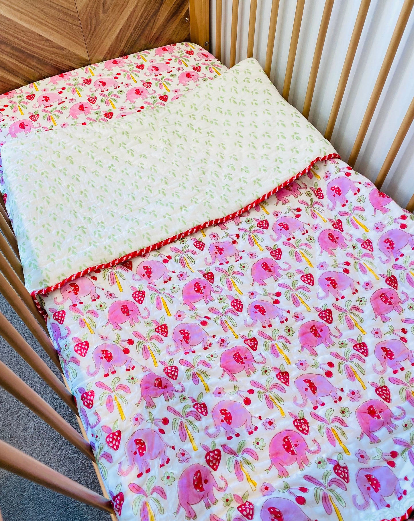 Pink Elephant Mul Mul Cotton Block Printed Reversible Baby Cot Quilt