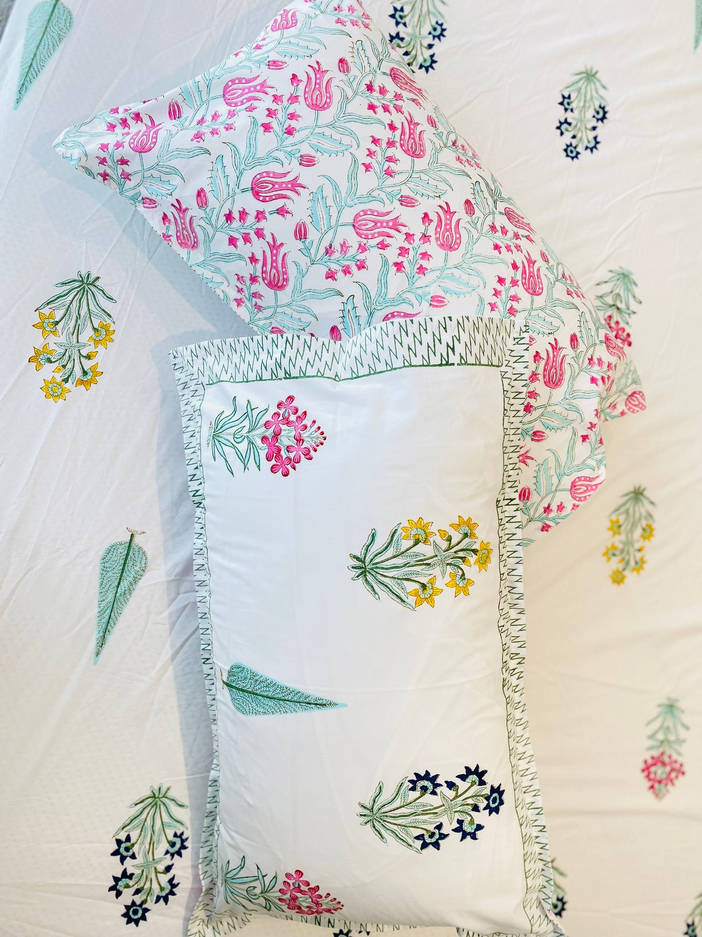 Floral Buti and Cypress Cotton Block Printed Fitted Bedsheet
