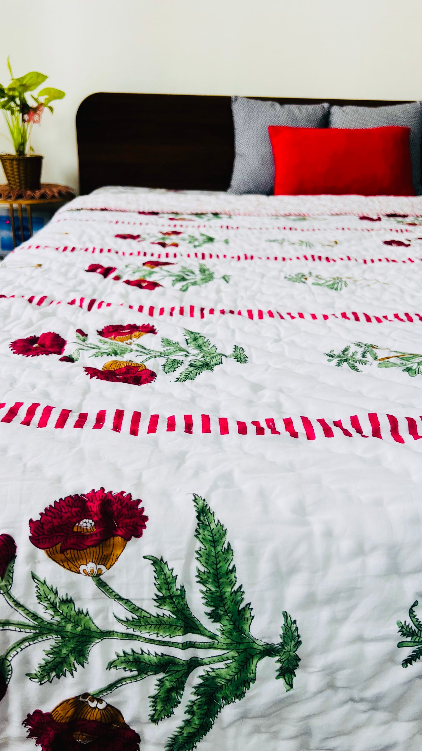 Red Poppy and Palm Tree Mul Mul Cotton Block Printed King Size Reversible Quilt