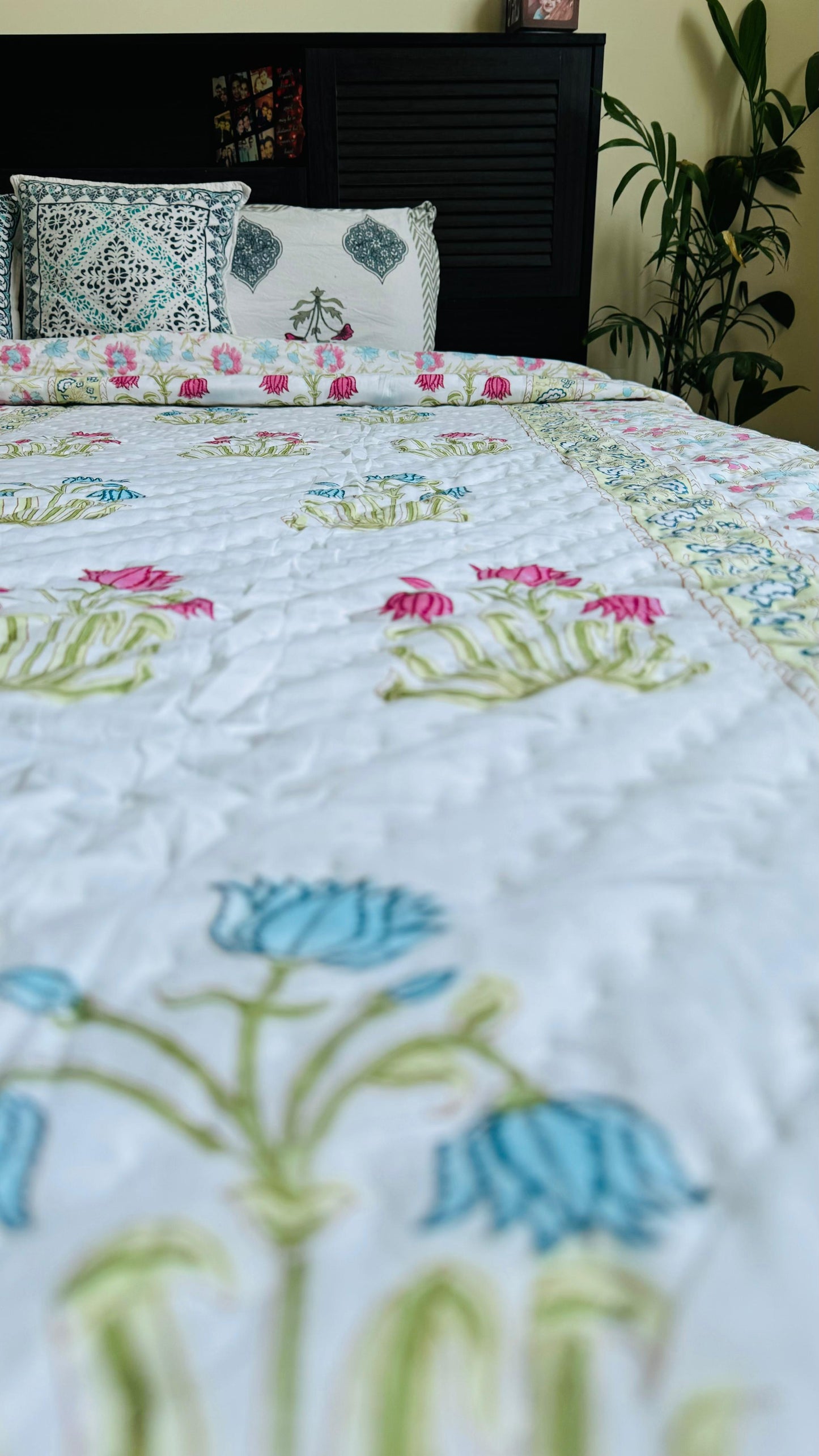 Grandma’s Garden Mul Mul Cotton Block Printed King Size Reversible Quilt