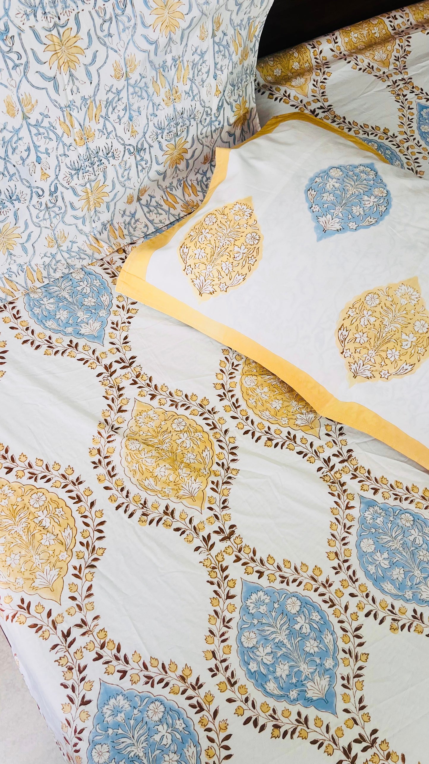 Blue and Beige Mughal Garden Cotton Block Printed Fitted Bedsheet
