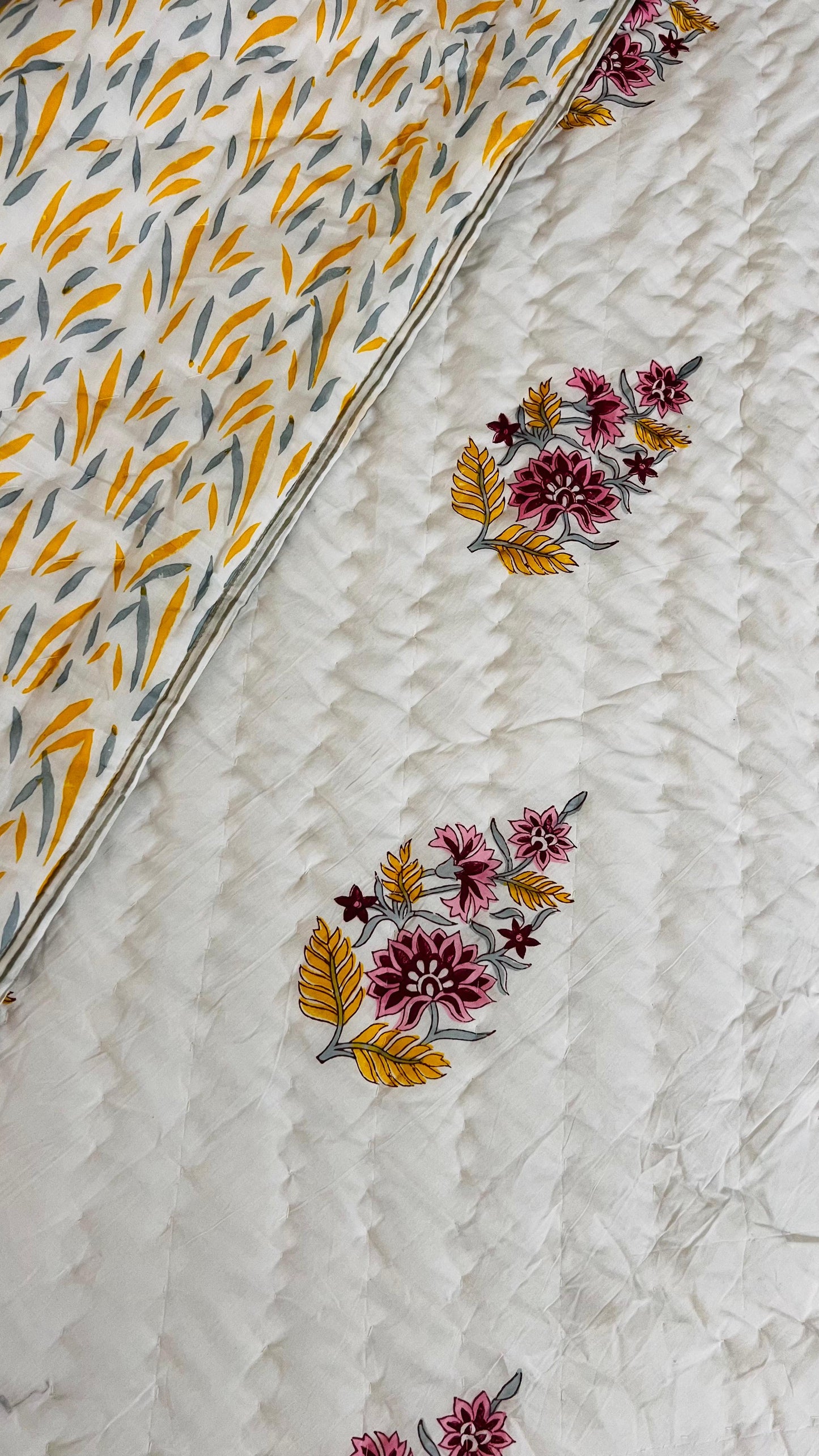 Yellow Poppy Bouquet Mul Mul Cotton Block Printed King Size Reversible Quilt