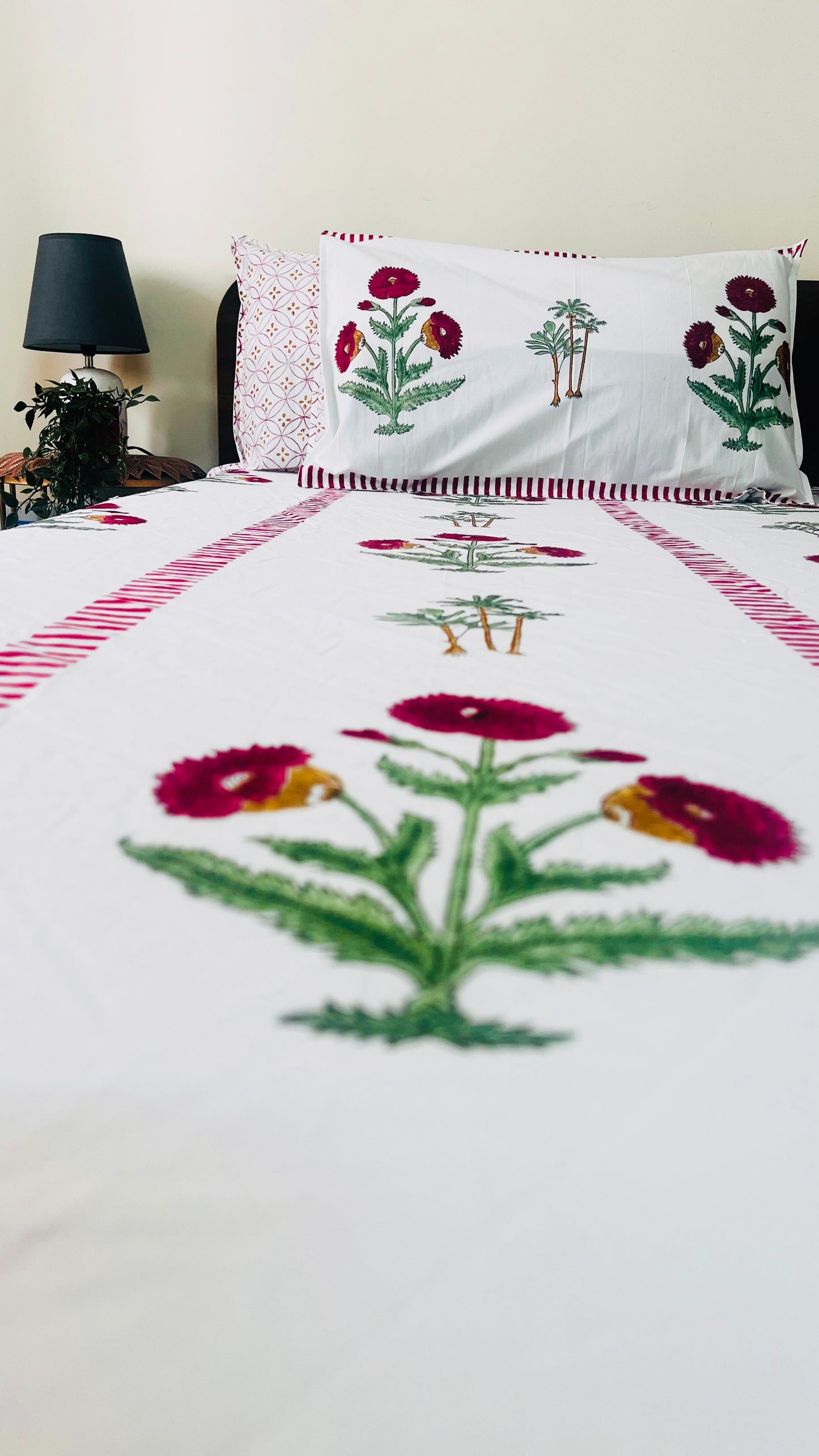 Red Poppy and Palm Tree Cotton Block Printed Fitted Bedsheet
