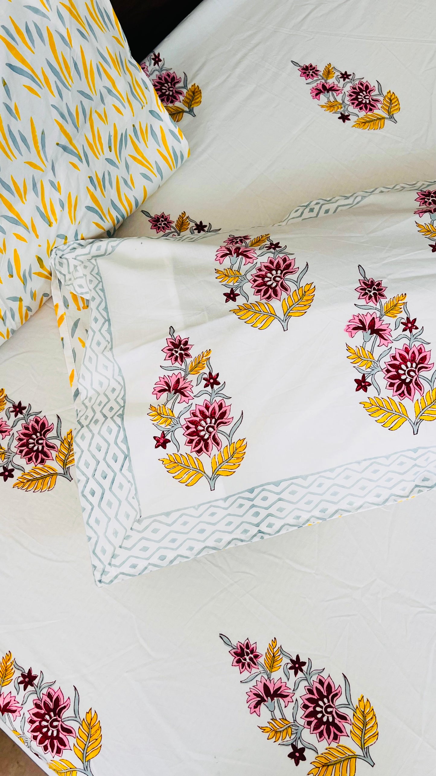 Yellow Poppy Bouquet Cotton Block Printed Fitted Bedsheet