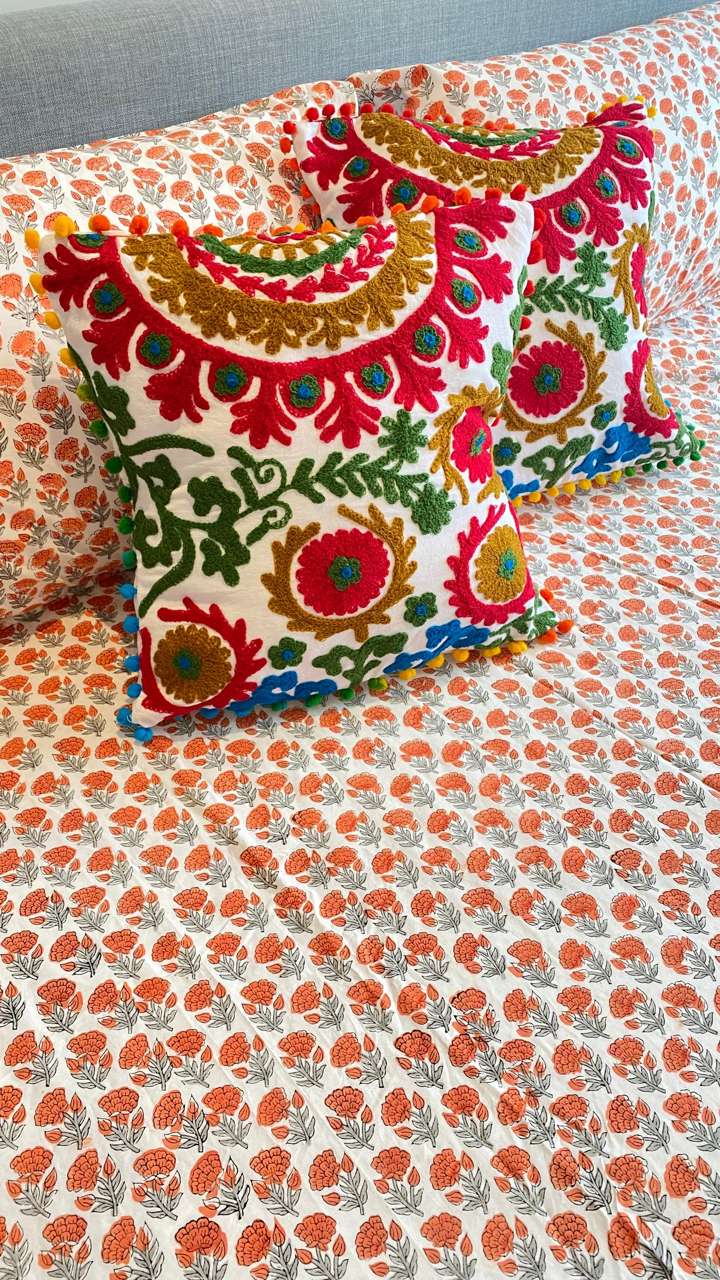 Orange Poppy Garden Cotton Block Printed Fitted Bedsheet