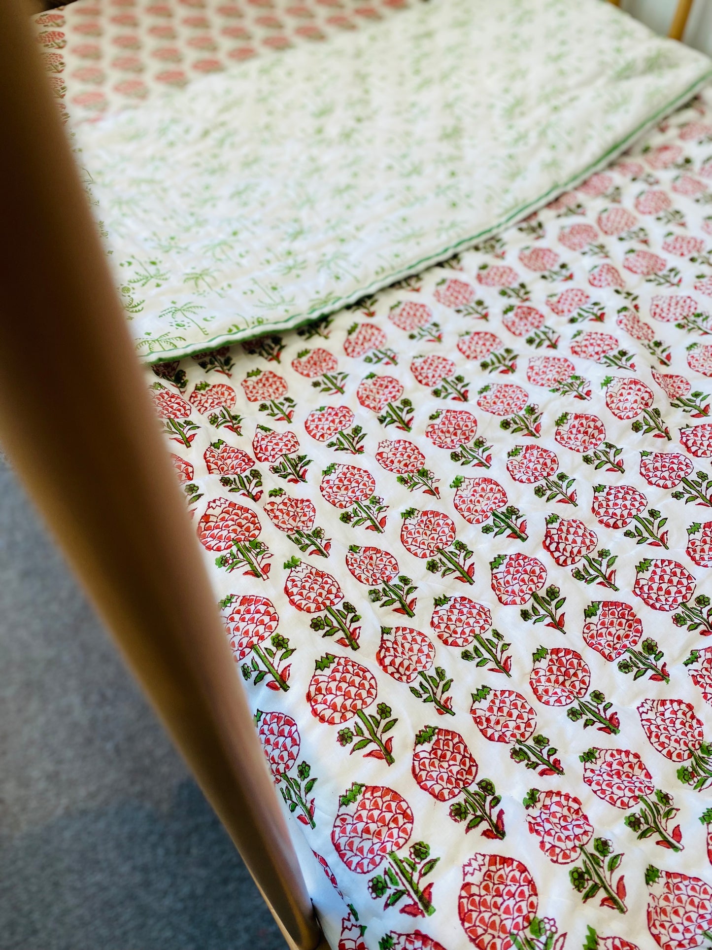 Garden of Pomegranate Mul Mul Cotton Block Printed Reversible Baby Cot Quilt