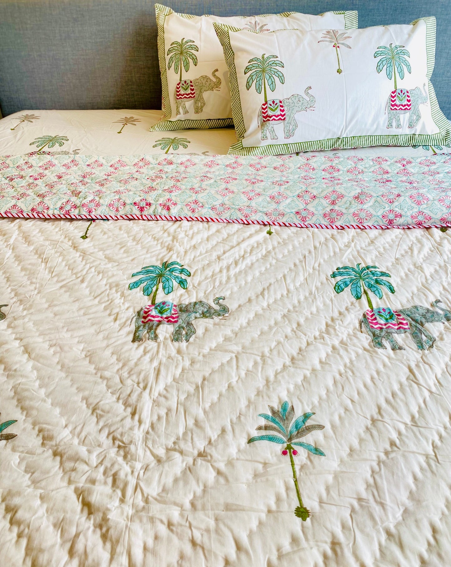Elephant & Palm Tree Mul Mul Cotton Block Printed King Size Reversible Quilt