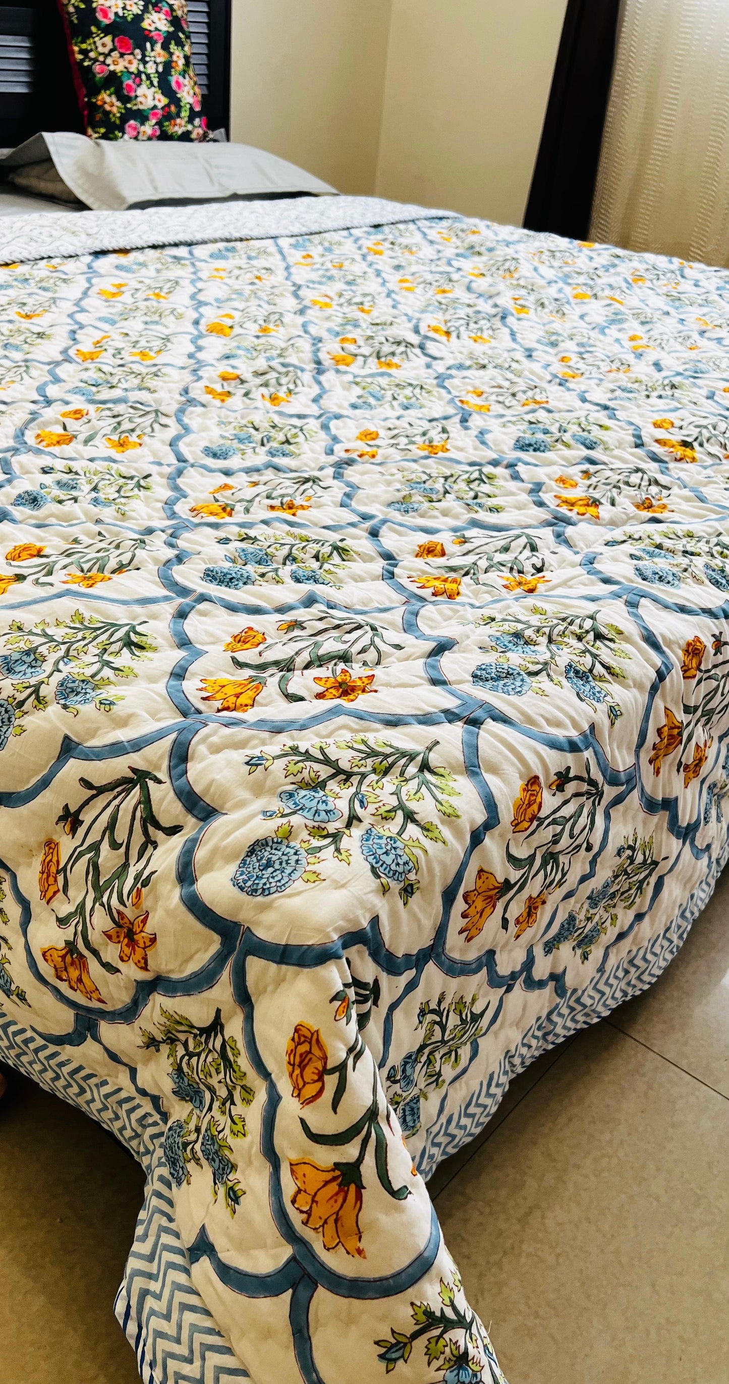 Poppy and Cypress Jaal Mul Mul Cotton Block Printed King Size Reversible Quilt