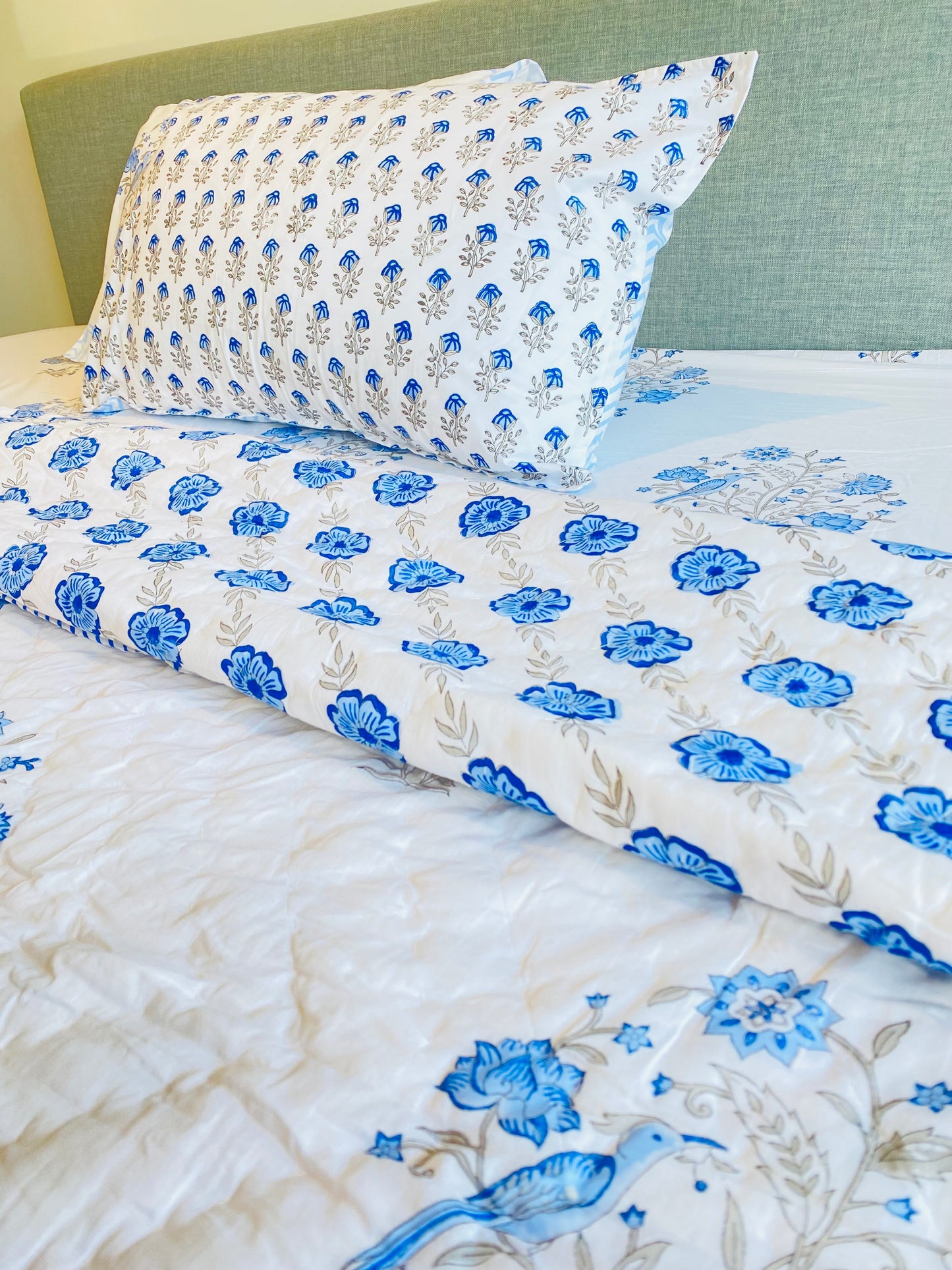 Blue Peafowl Mul Mul Cotton Block Printed King Size Reversible Quilt