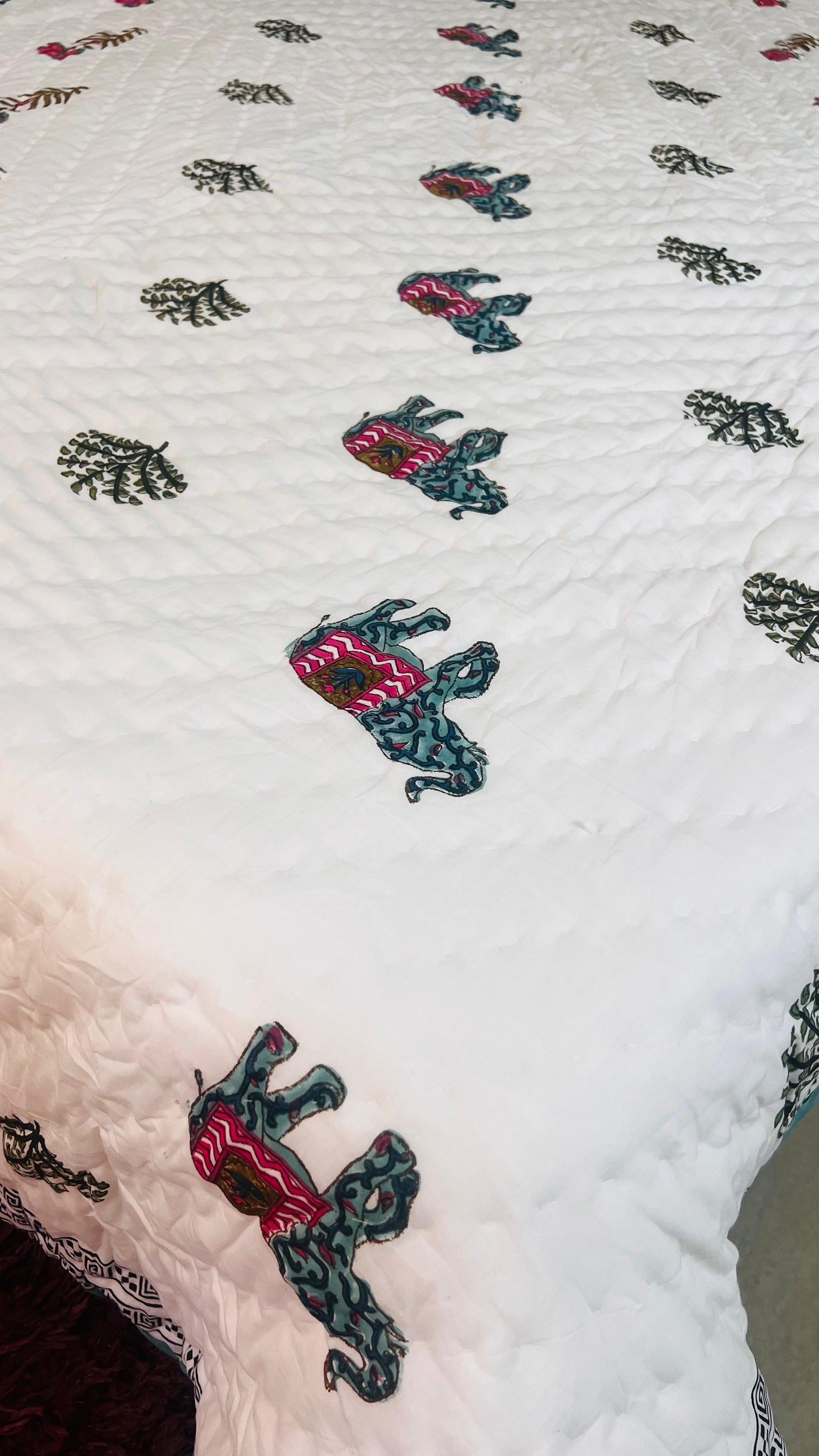 Elephant in the Bush Mul Mul Cotton Block Printed King Size Reversible Quilt