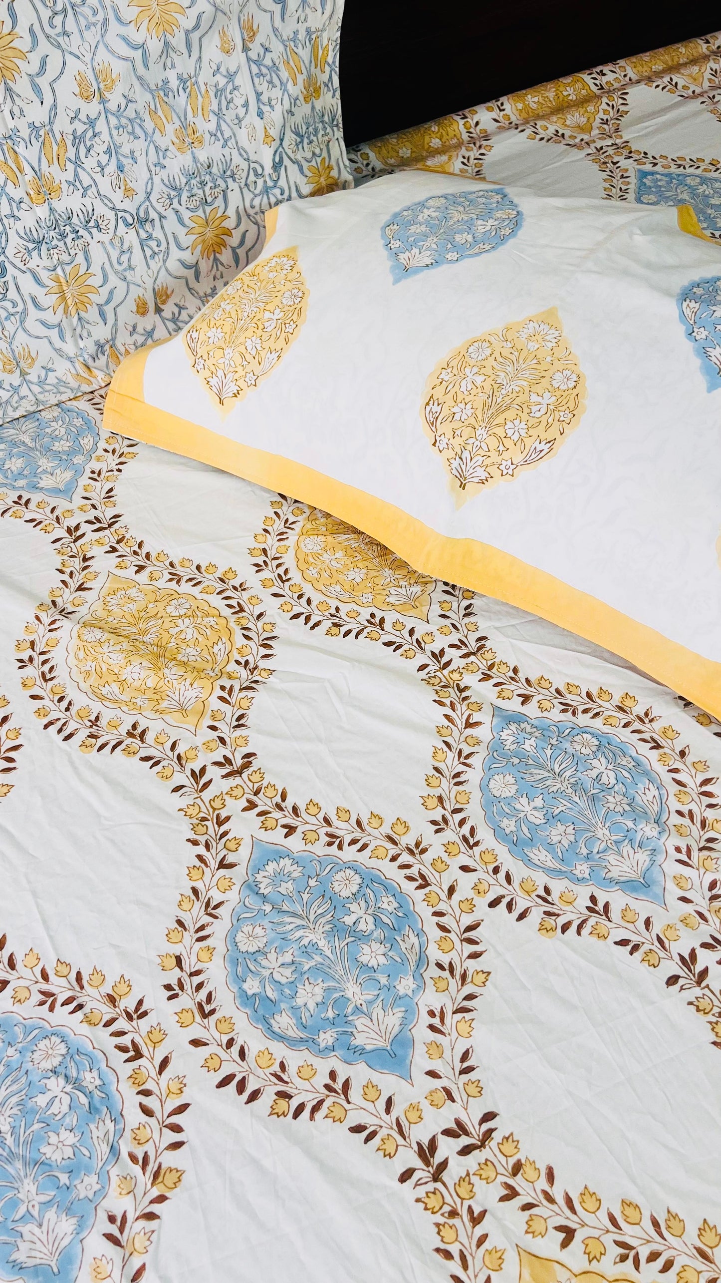 Blue and Beige Mughal Garden Cotton Block Printed Fitted Bedsheet