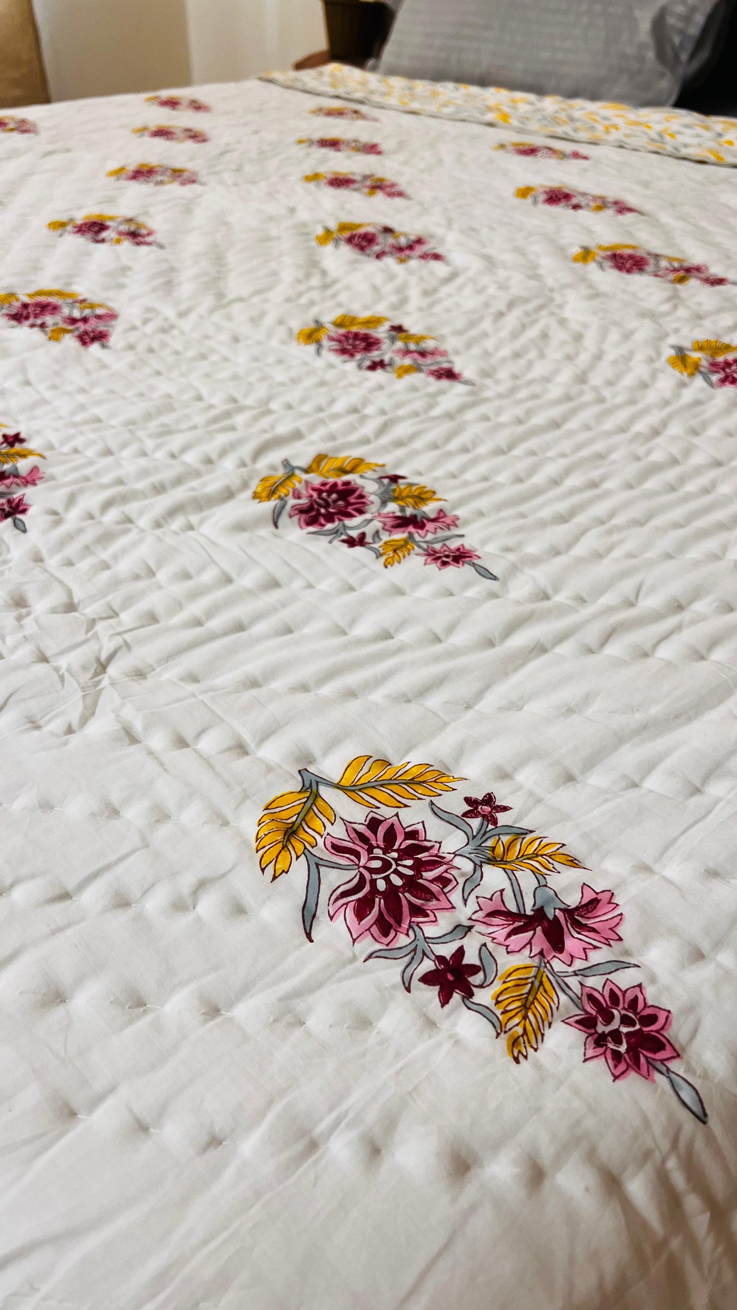 Yellow Poppy Bouquet Mul Mul Cotton Block Printed King Size Reversible Quilt
