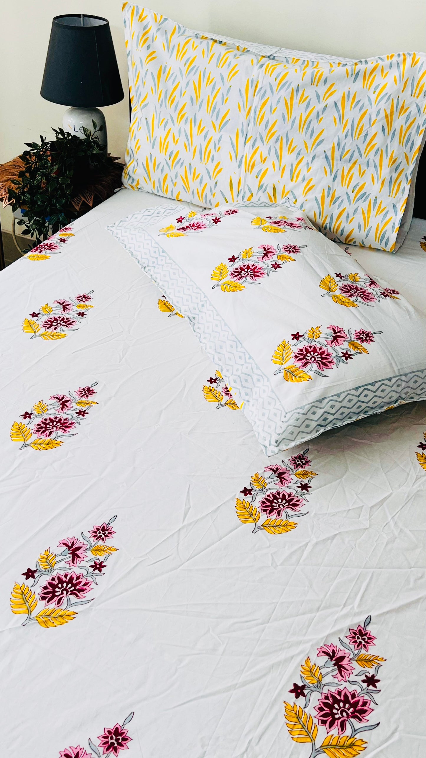 Yellow Poppy Bouquet Cotton Block Printed Fitted Bedsheet