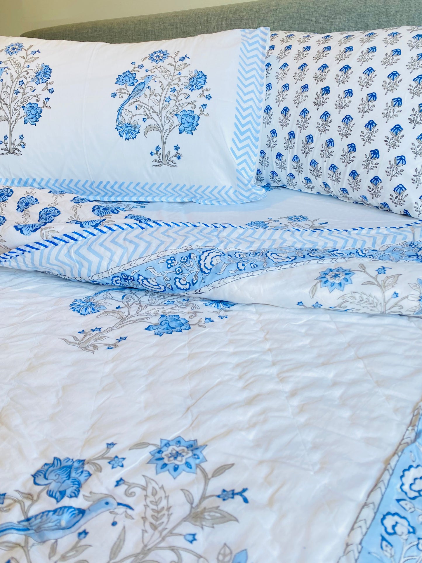 Blue Peafowl in a Tree Cotton Block Printed Fitted Bedsheet