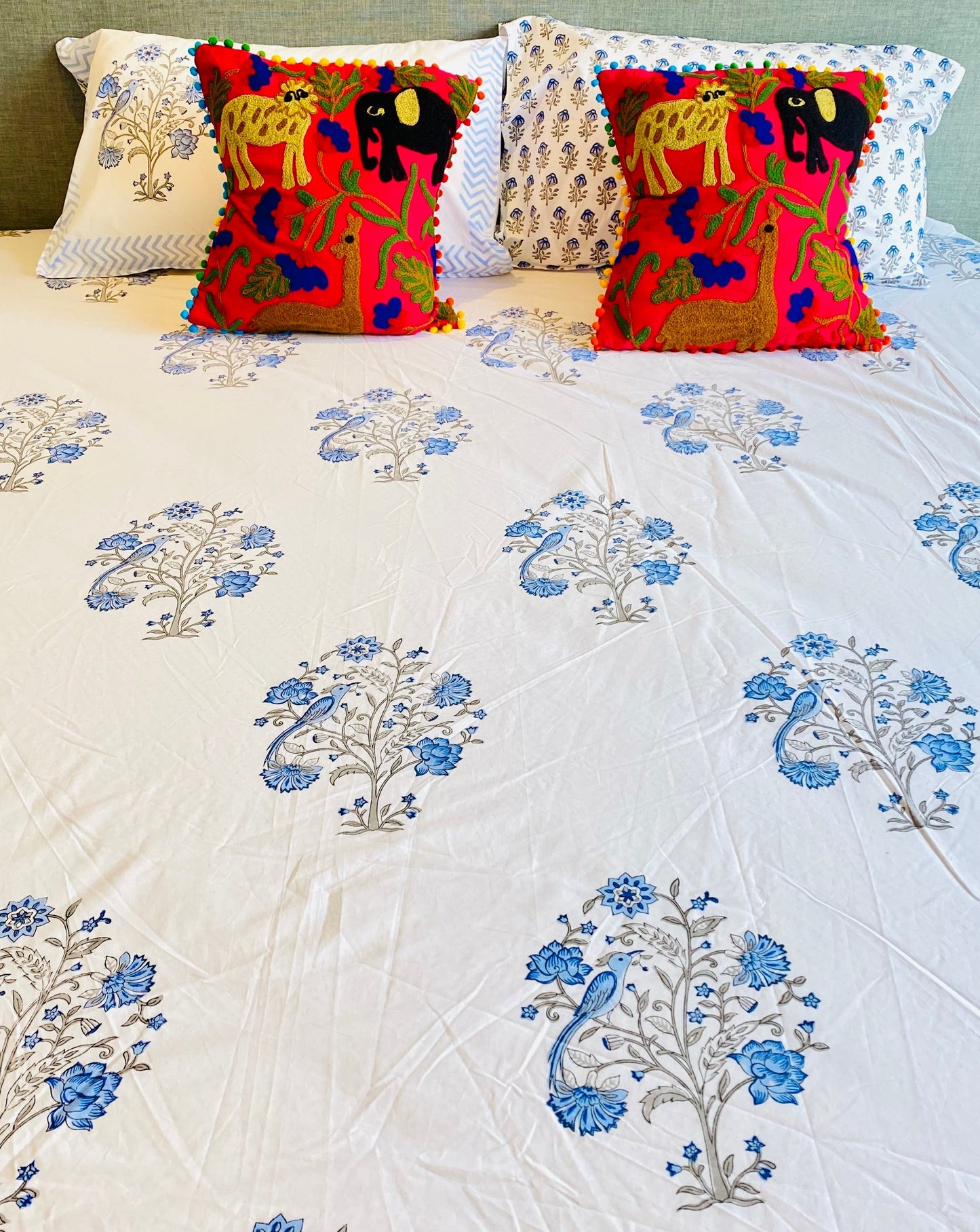 Blue Peafowl in a Tree Cotton Block Printed Fitted Bedsheet