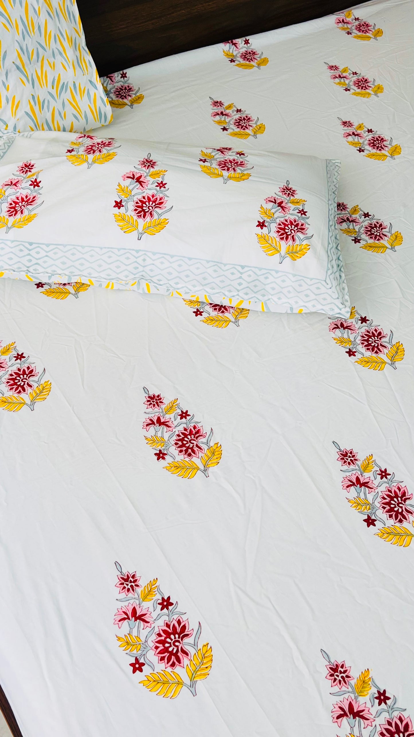 Yellow Poppy Bouquet Cotton Block Printed Fitted Bedsheet