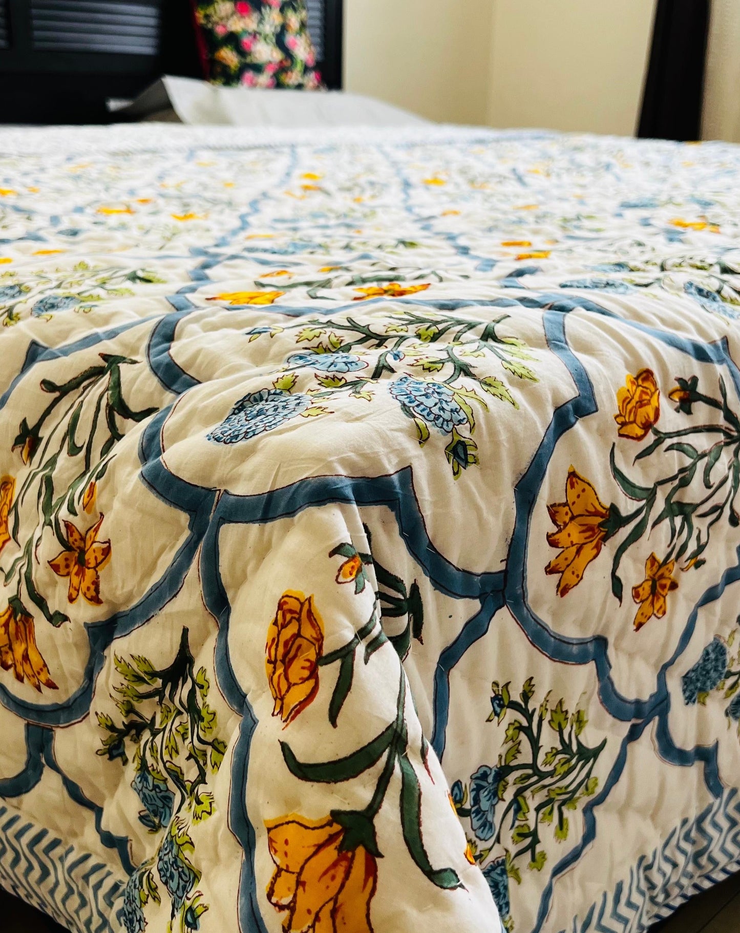 Poppy and Cypress Jaal Mul Mul Cotton Block Printed King Size Reversible Quilt
