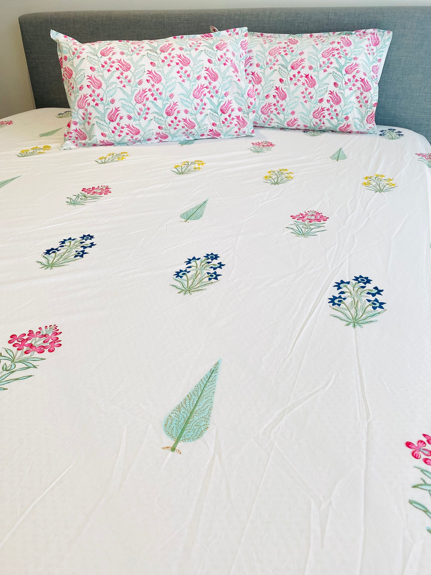 Floral Buti and Cypress Cotton Block Printed Fitted Bedsheet
