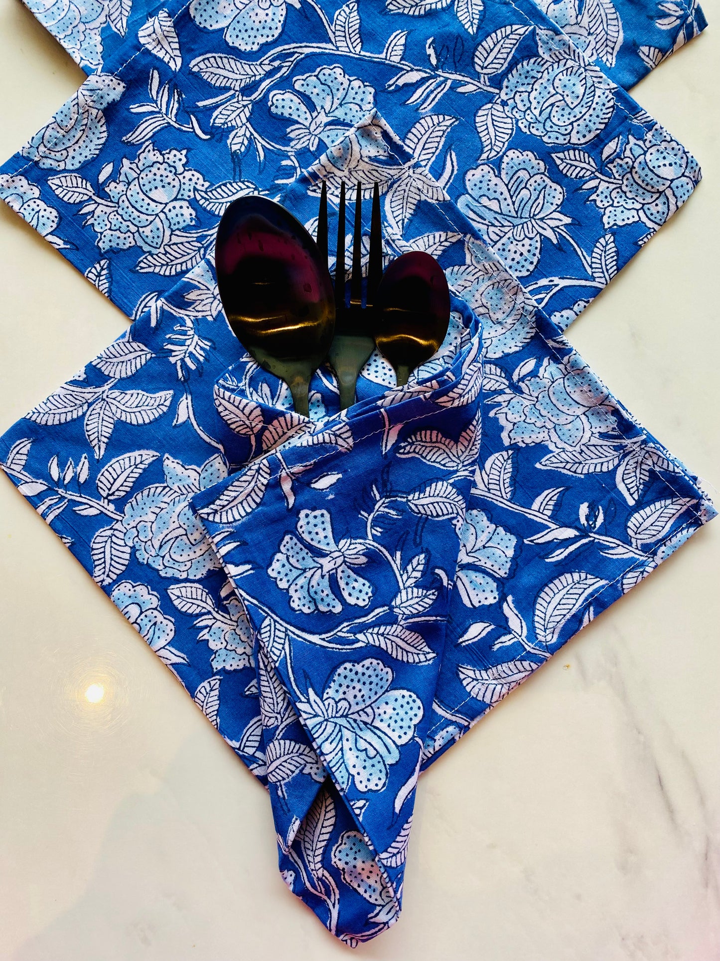 Blue Flowers Block Printed Table Napkins (Set of 8)