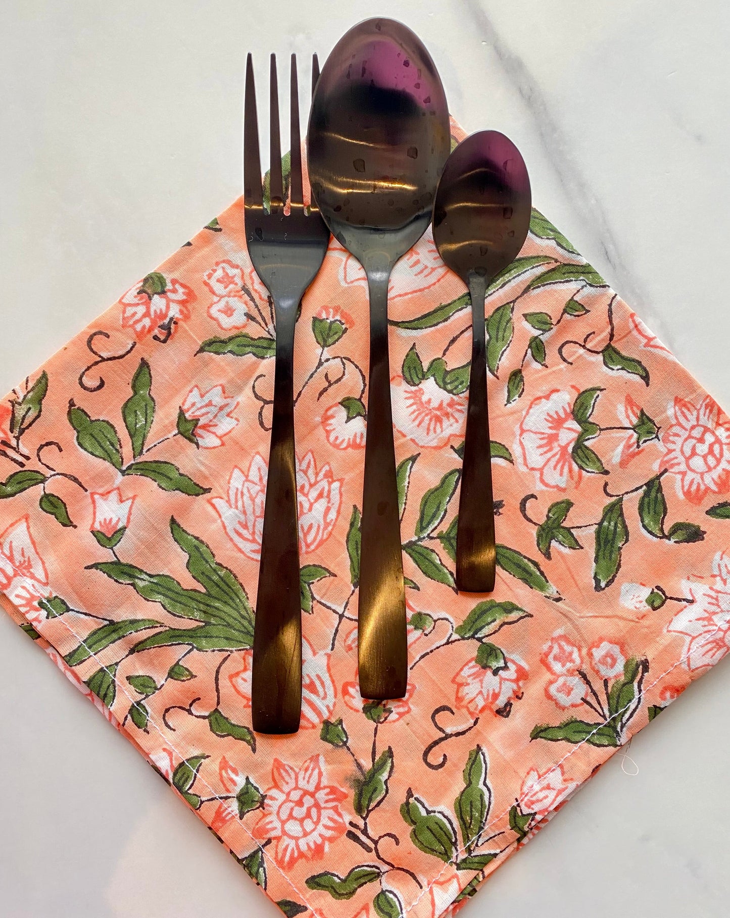 Peach Flowers Block Printed Table Napkins (Set of 8)