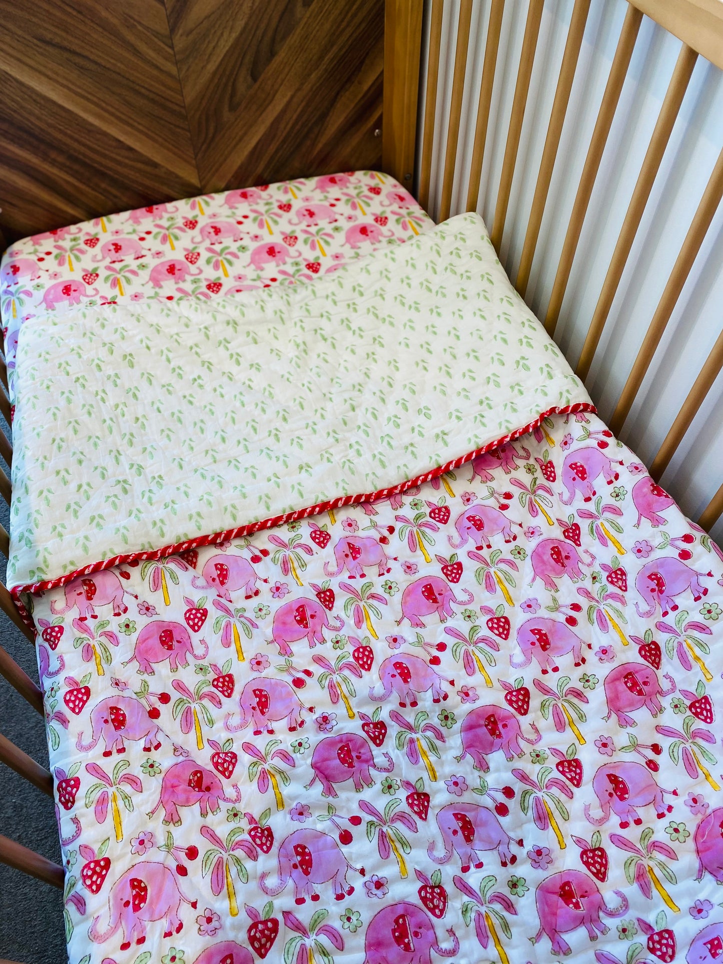 Pink Elephant Mul Mul Cotton Block Printed Reversible Baby Cot Quilt