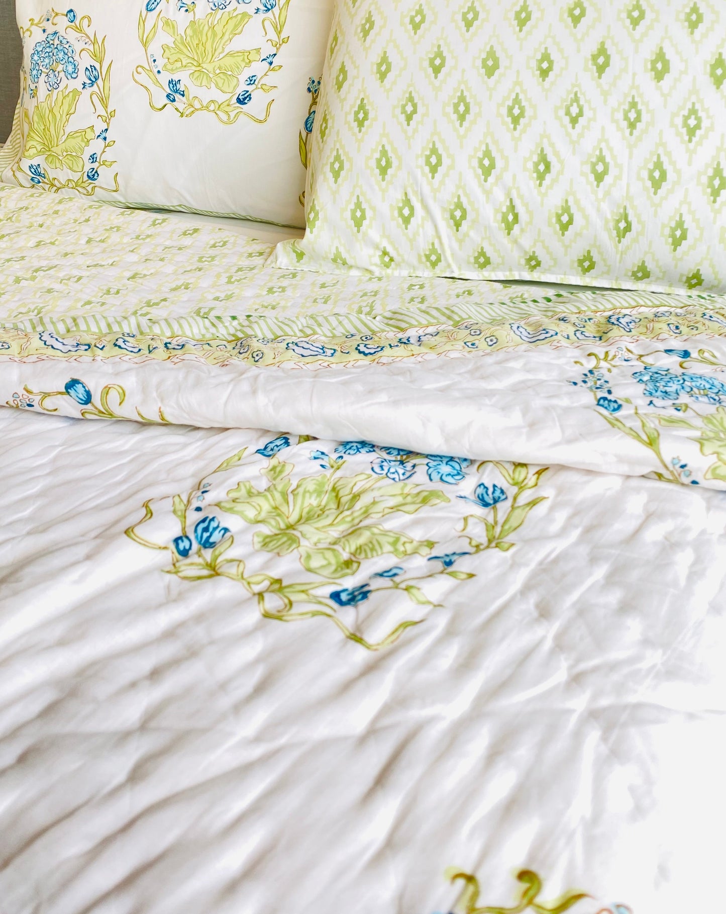 Blue Cypress Mul Mul Cotton Block Printed King Size Reversible Quilt