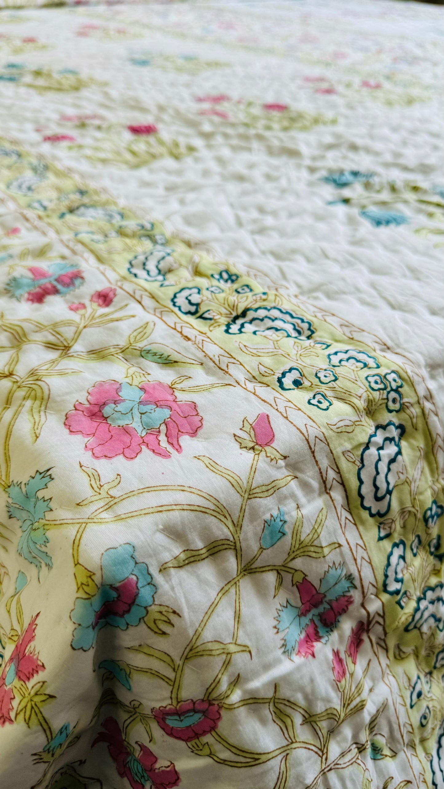 Grandma’s Garden Mul Mul Cotton Block Printed King Size Reversible Quilt