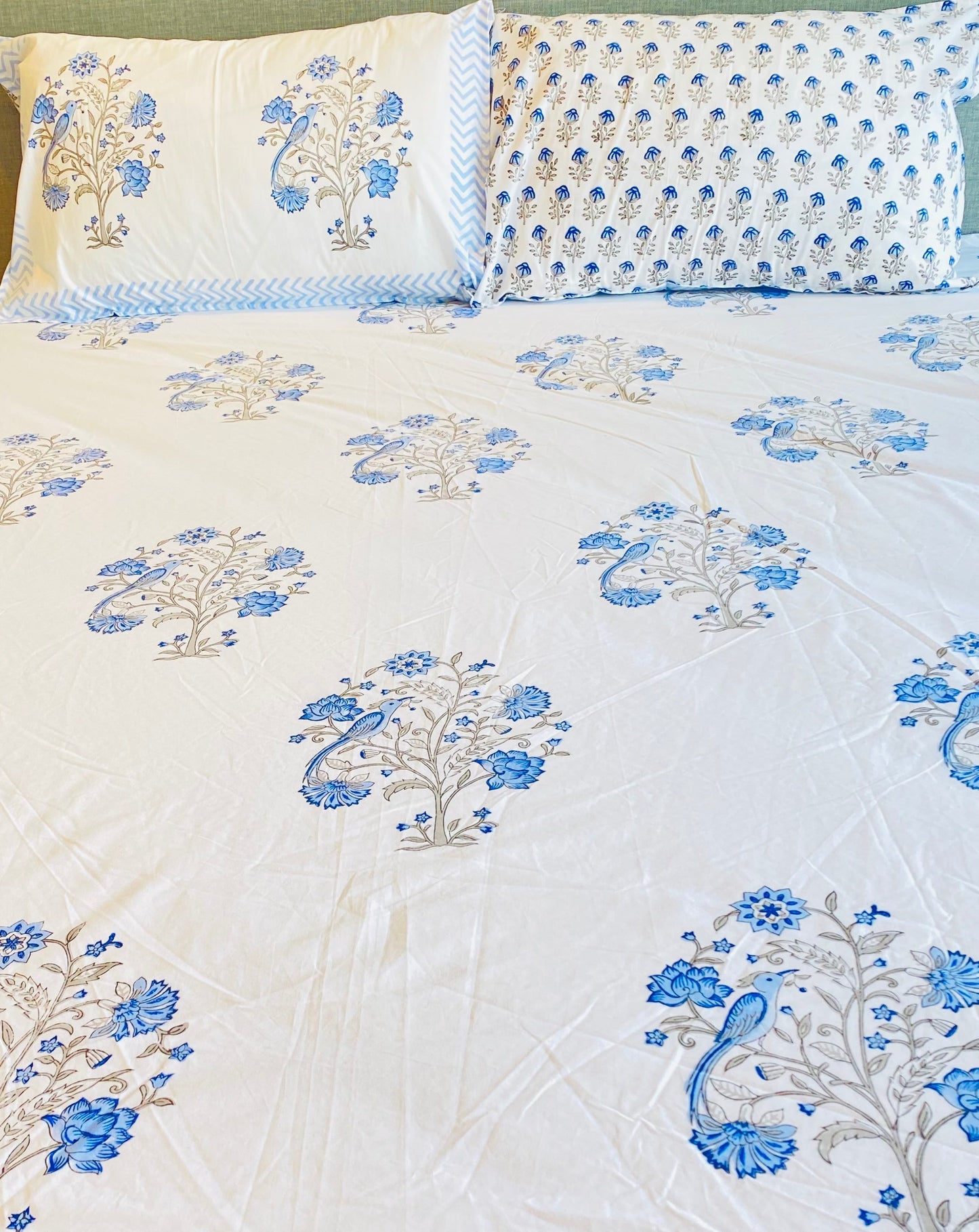 Blue Peafowl in a Tree Cotton Block Printed Fitted Bedsheet