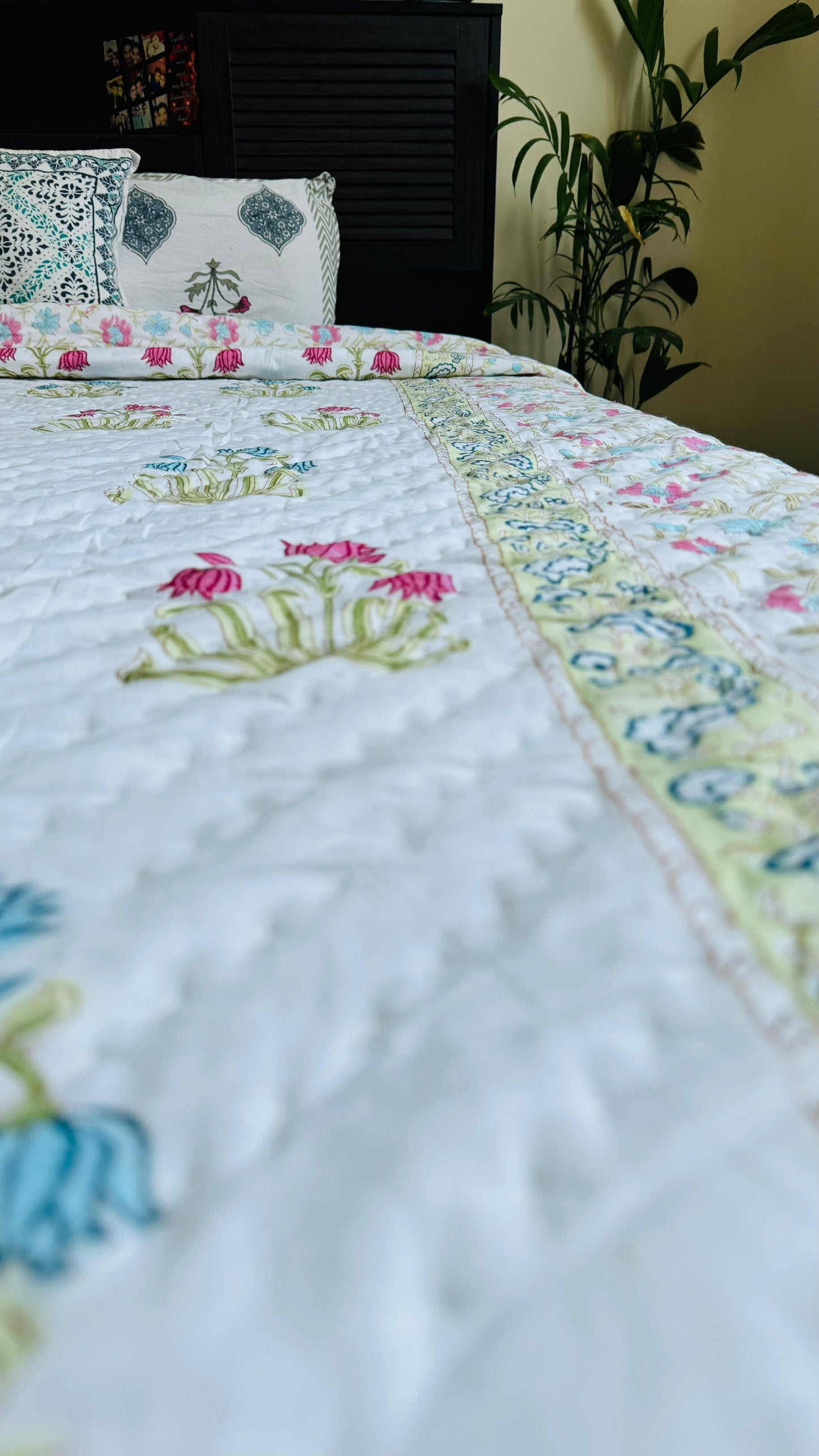 Grandma’s Garden Mul Mul Cotton Block Printed King Size Reversible Quilt