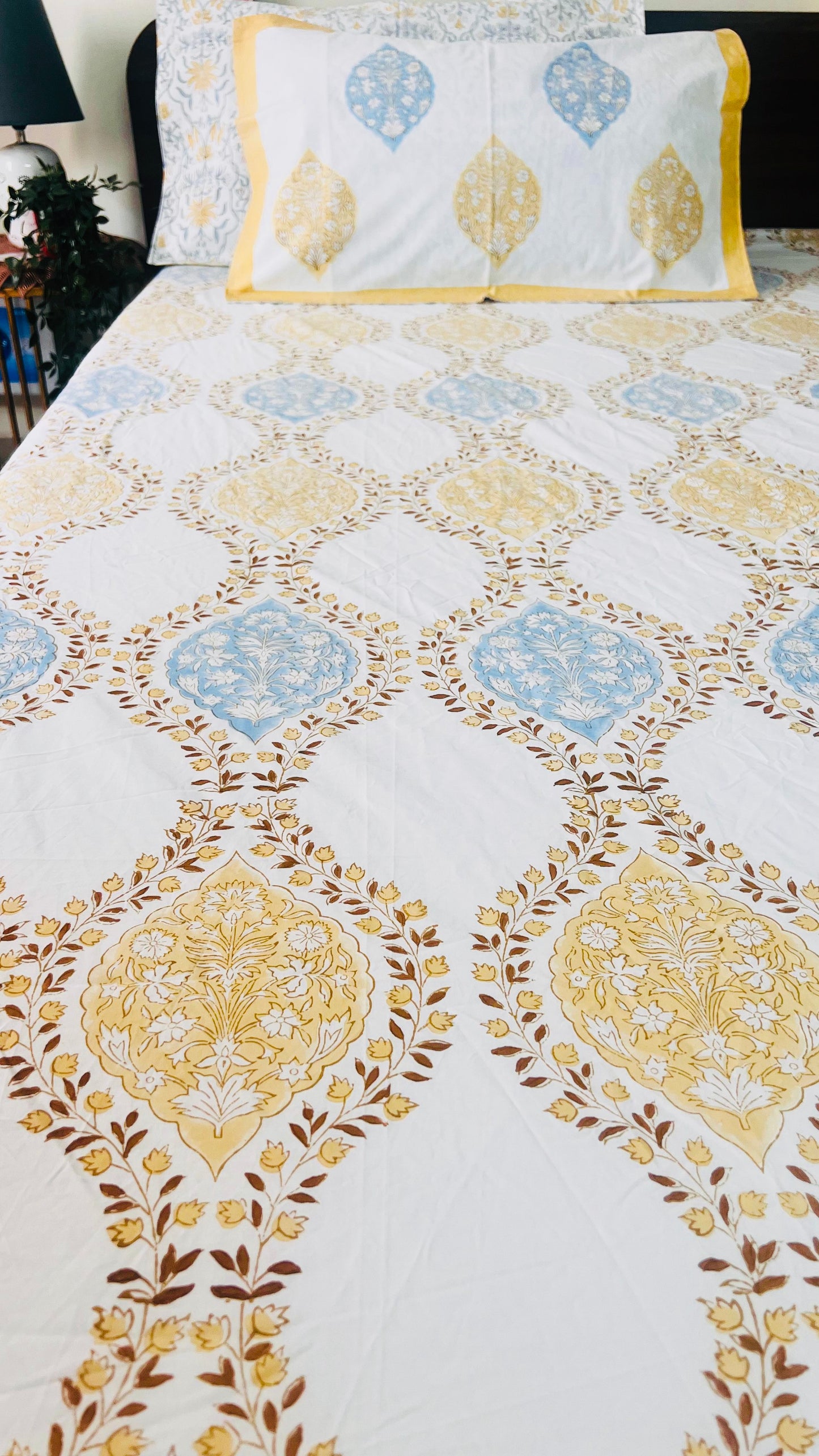 Blue and Beige Mughal Garden Cotton Block Printed Fitted Bedsheet