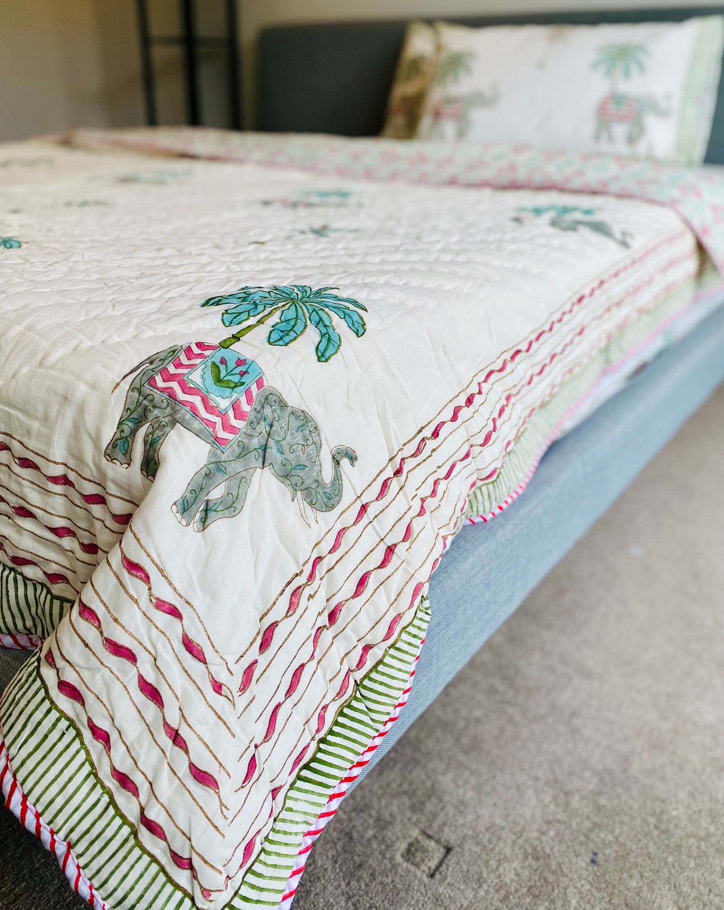 Elephant & Palm Tree Mul Mul Cotton Block Printed King Size Reversible Quilt
