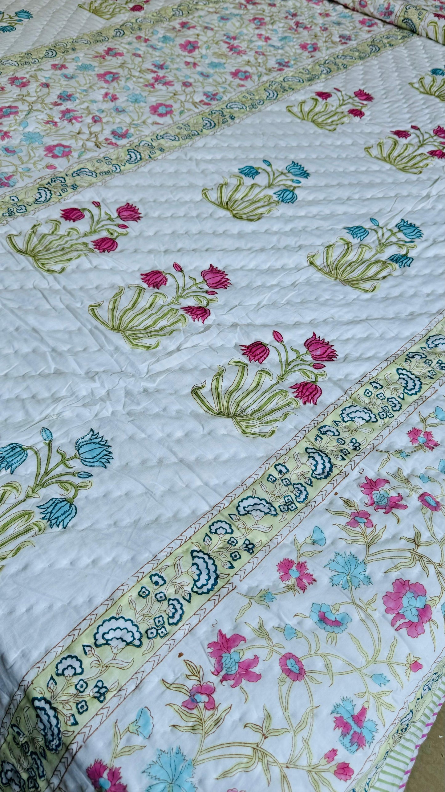 Grandma’s Garden Mul Mul Cotton Block Printed King Size Reversible Quilt