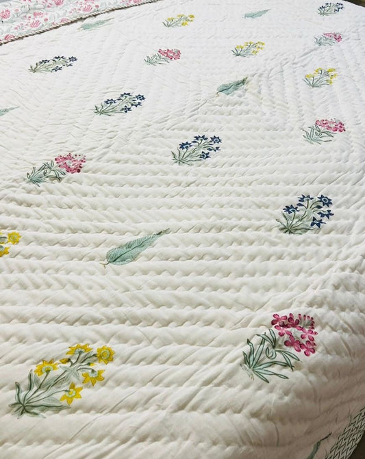 Floral Buti and Cypress Mul Mul Cotton Block Printed King Size Reversible Quilt