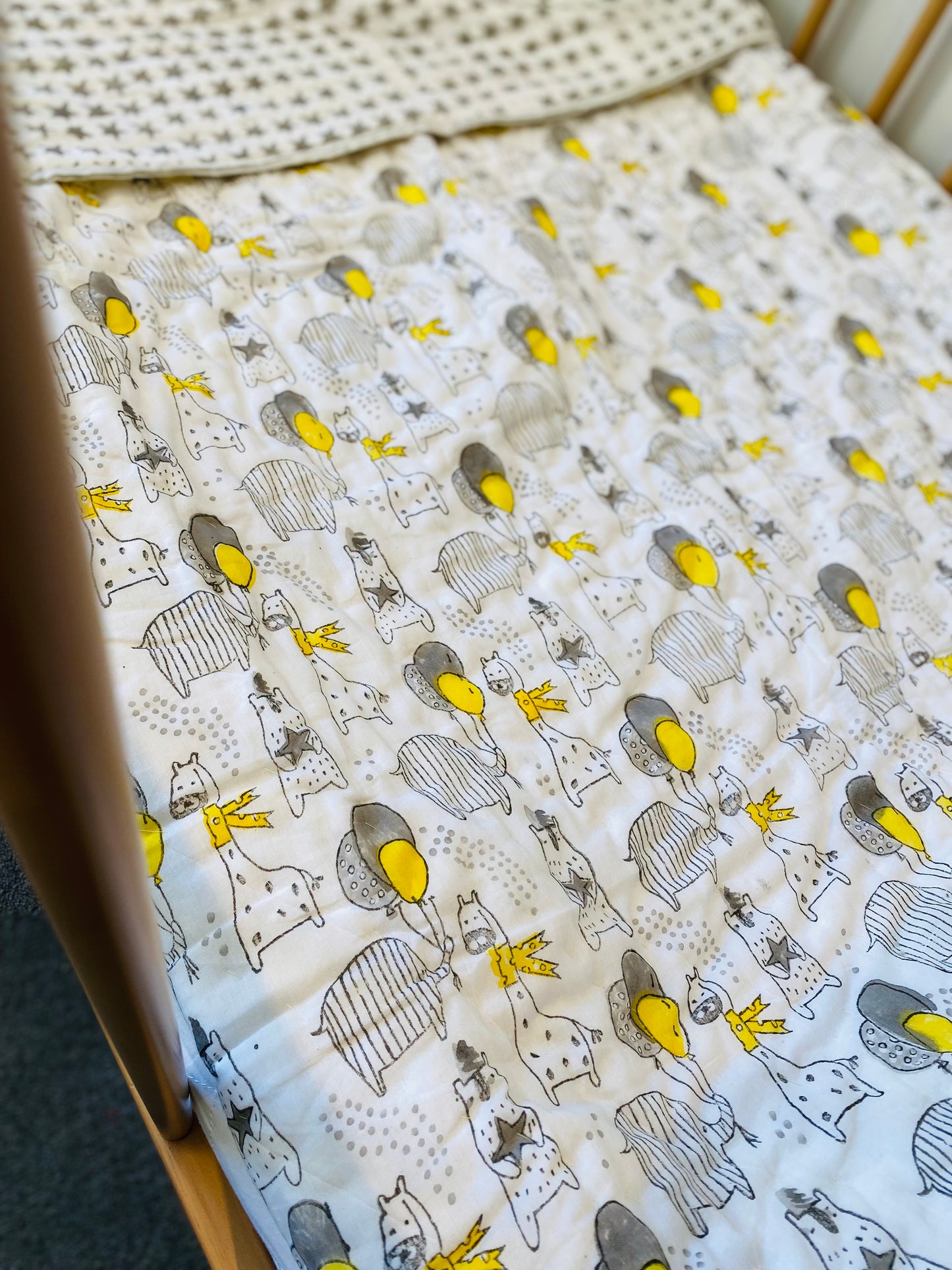 Yellow Elephant and Giraffe Mul Mul Cotton Block Printed Reversible Baby Cot Quilt