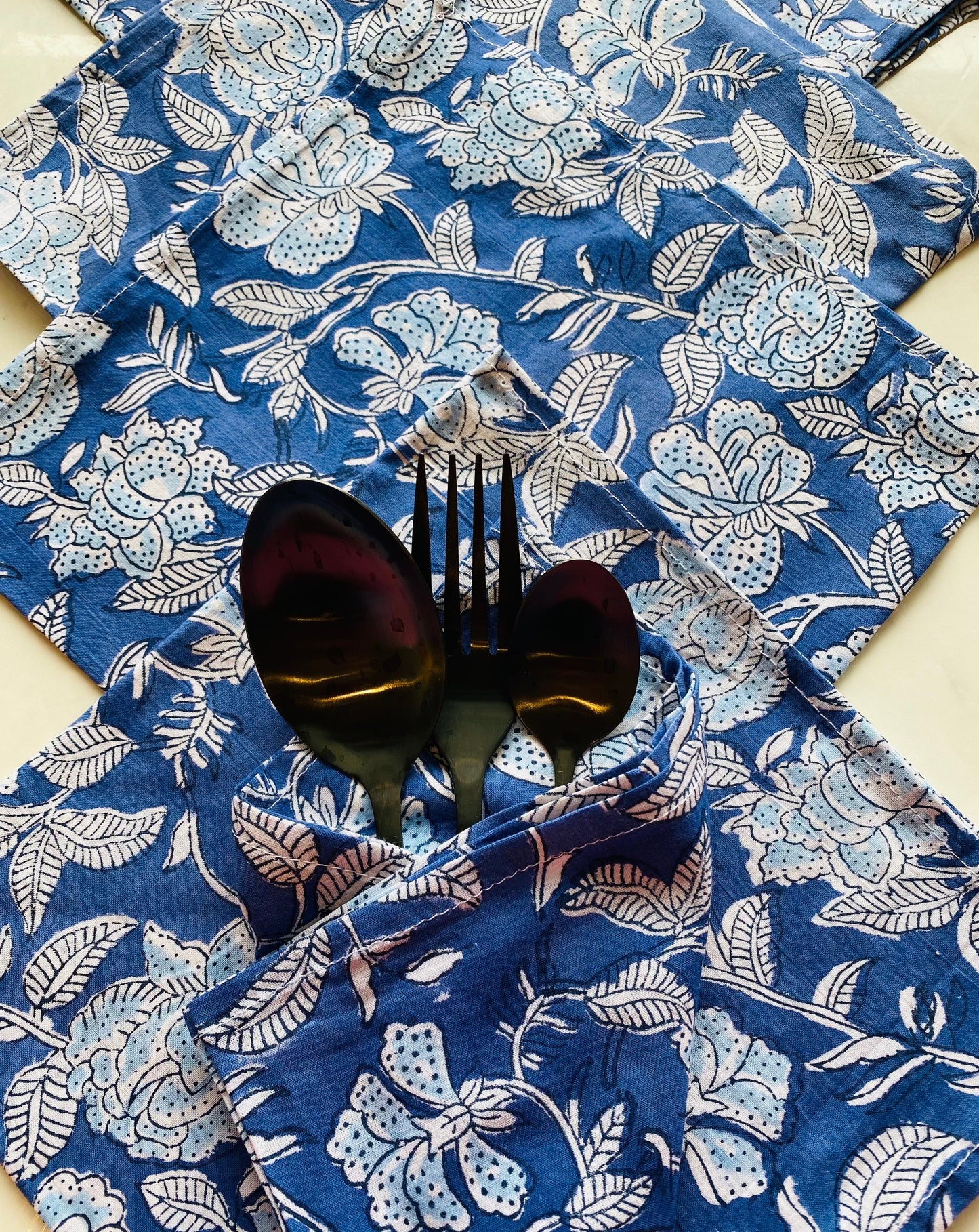 Blue Flowers Block Printed Table Napkins (Set of 8)