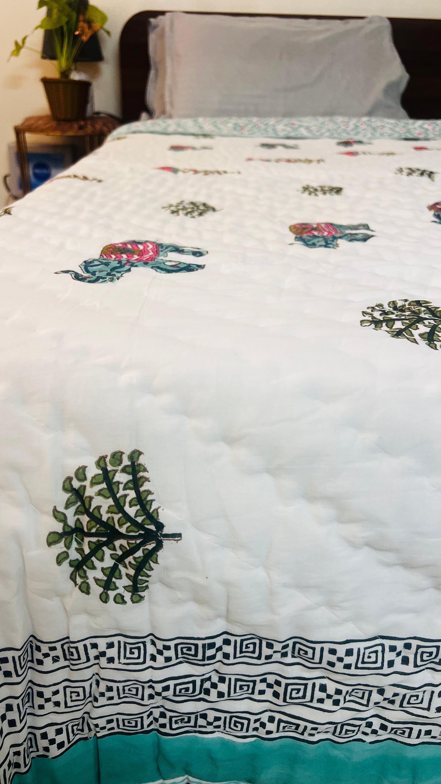 Elephant in the Bush Mul Mul Cotton Block Printed King Size Reversible Quilt