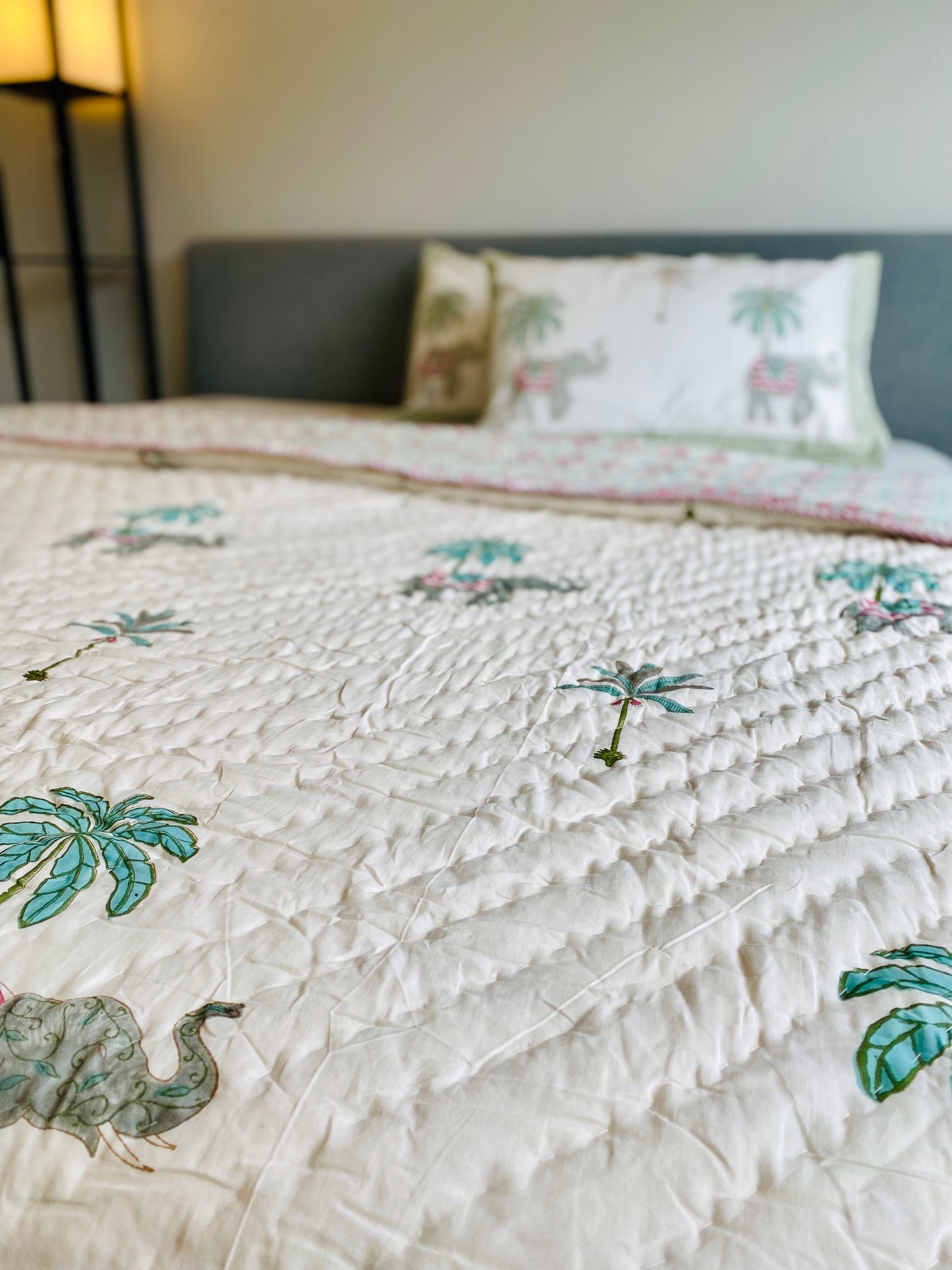 Elephant & Palm Tree Mul Mul Cotton Block Printed King Size Reversible Quilt