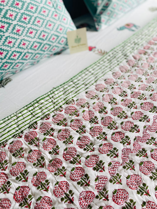Garden of Pomegranate Mul Mul Cotton Block Printed King Size Reversible Quilt