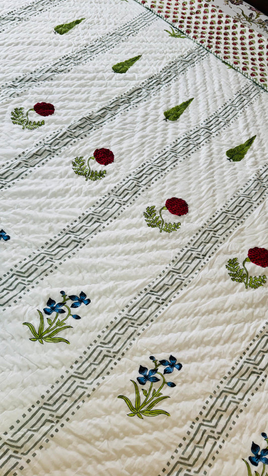 Panel Garden Mul Mul Cotton Block Printed King Size Reversible Quilt